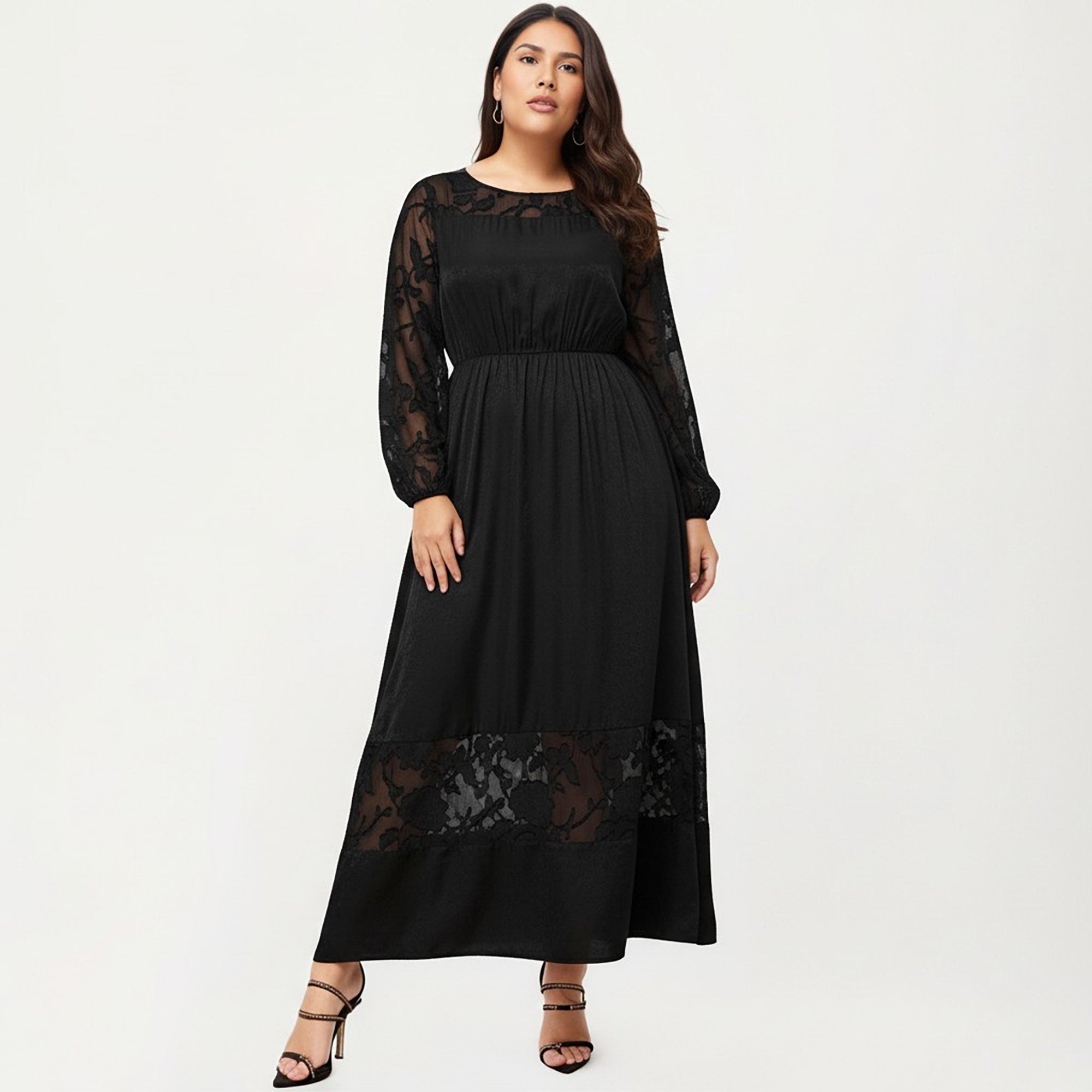 Anna-Kaci Women's Plus Size Long Sleeve Maxi Dress with Sheer Lace Sleeves Elastic Waist and Lace Hem Panel