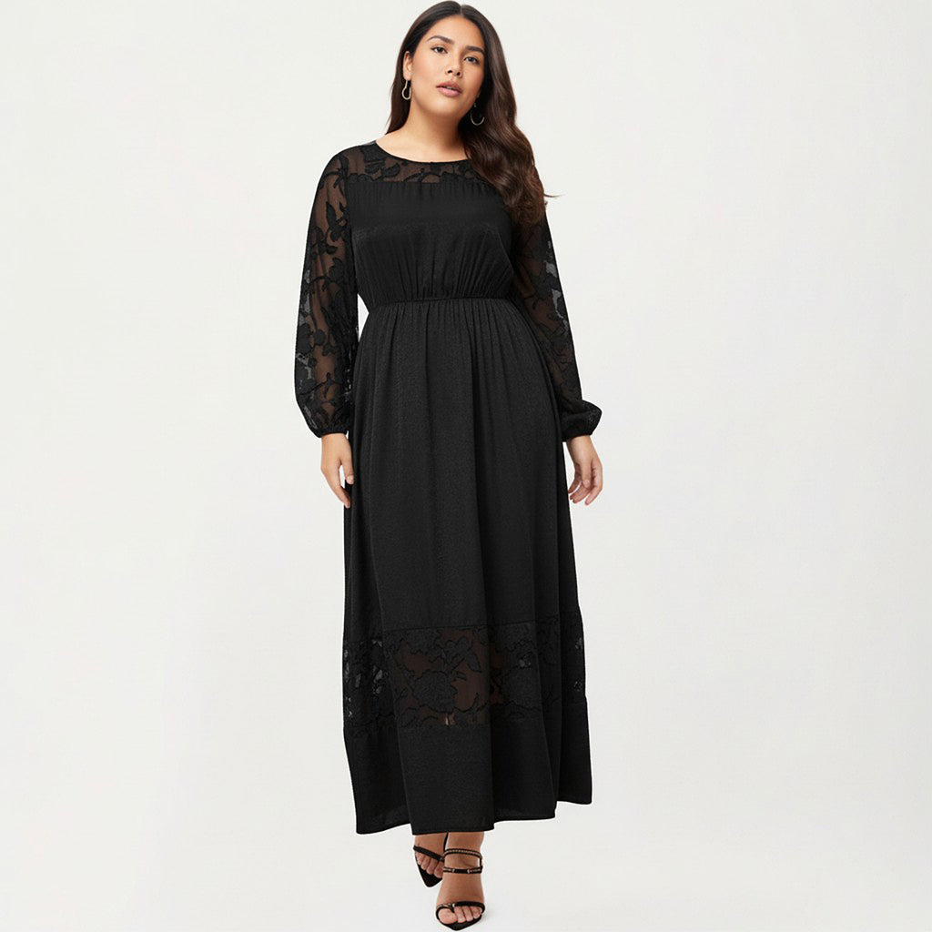 Anna-Kaci Women's Plus Size Long Sleeve Maxi Dress with Sheer Lace Sleeves Elastic Waist and Lace Hem Panel