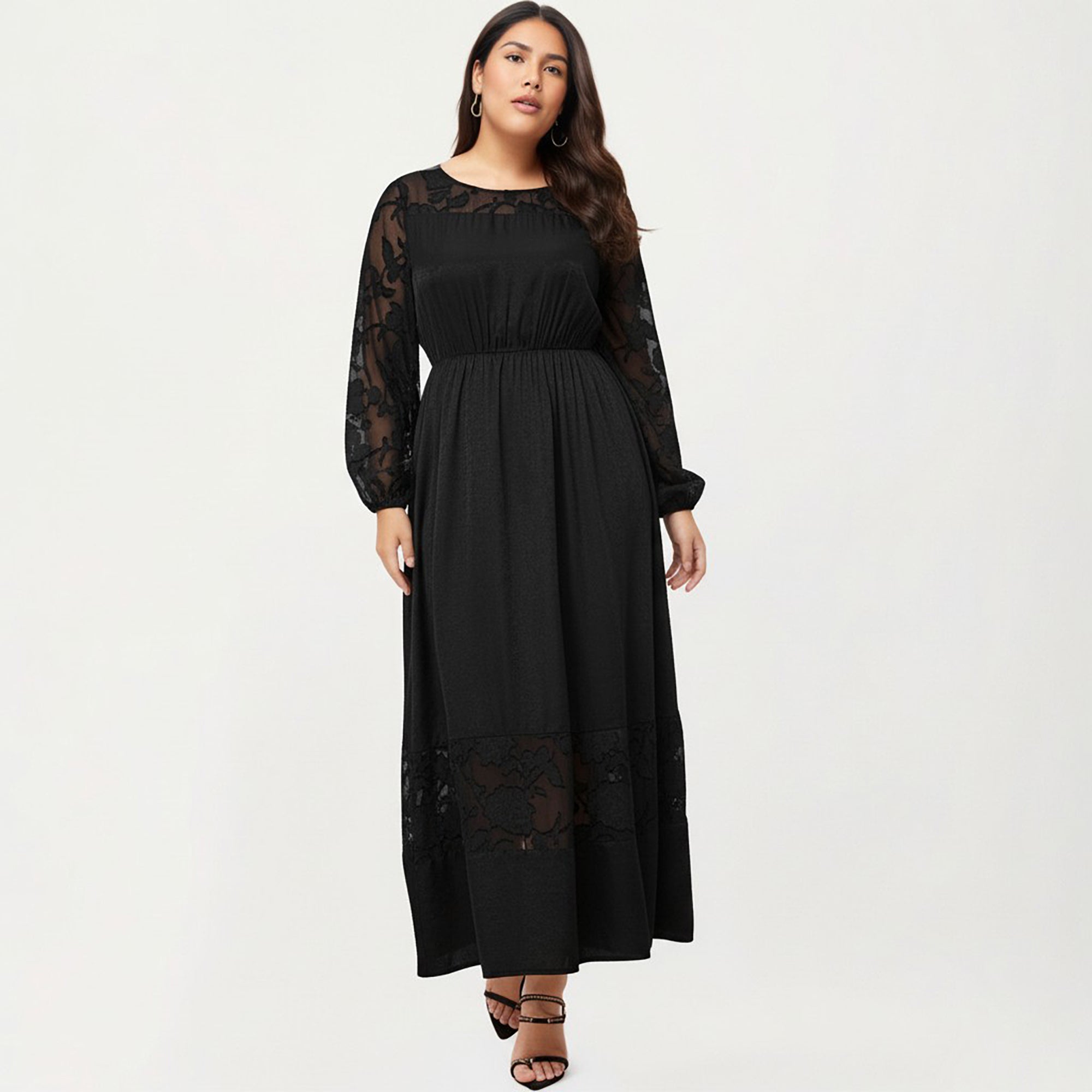 Anna-Kaci Women's Plus Size Long Sleeve Maxi Dress with Sheer Lace Sleeves Elastic Waist and Lace Hem Panel