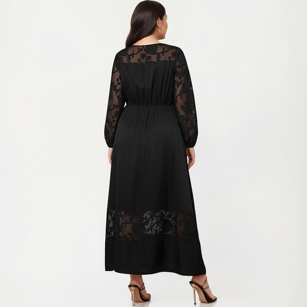 Anna-Kaci Women's Plus Size Long Sleeve Maxi Dress with Sheer Lace Sleeves Elastic Waist and Lace Hem Panel