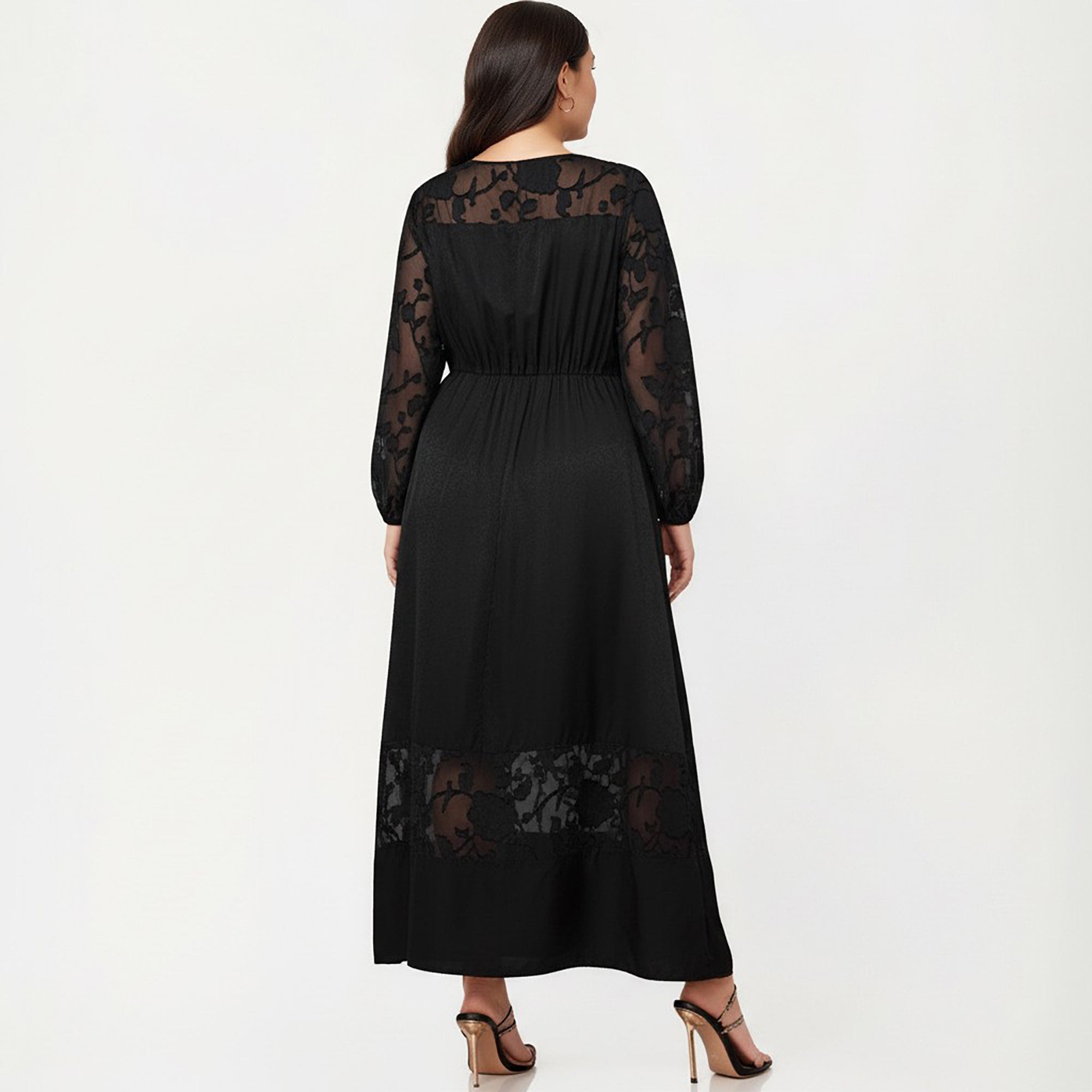 Anna-Kaci Women's Plus Size Long Sleeve Maxi Dress with Sheer Lace Sleeves Elastic Waist and Lace Hem Panel
