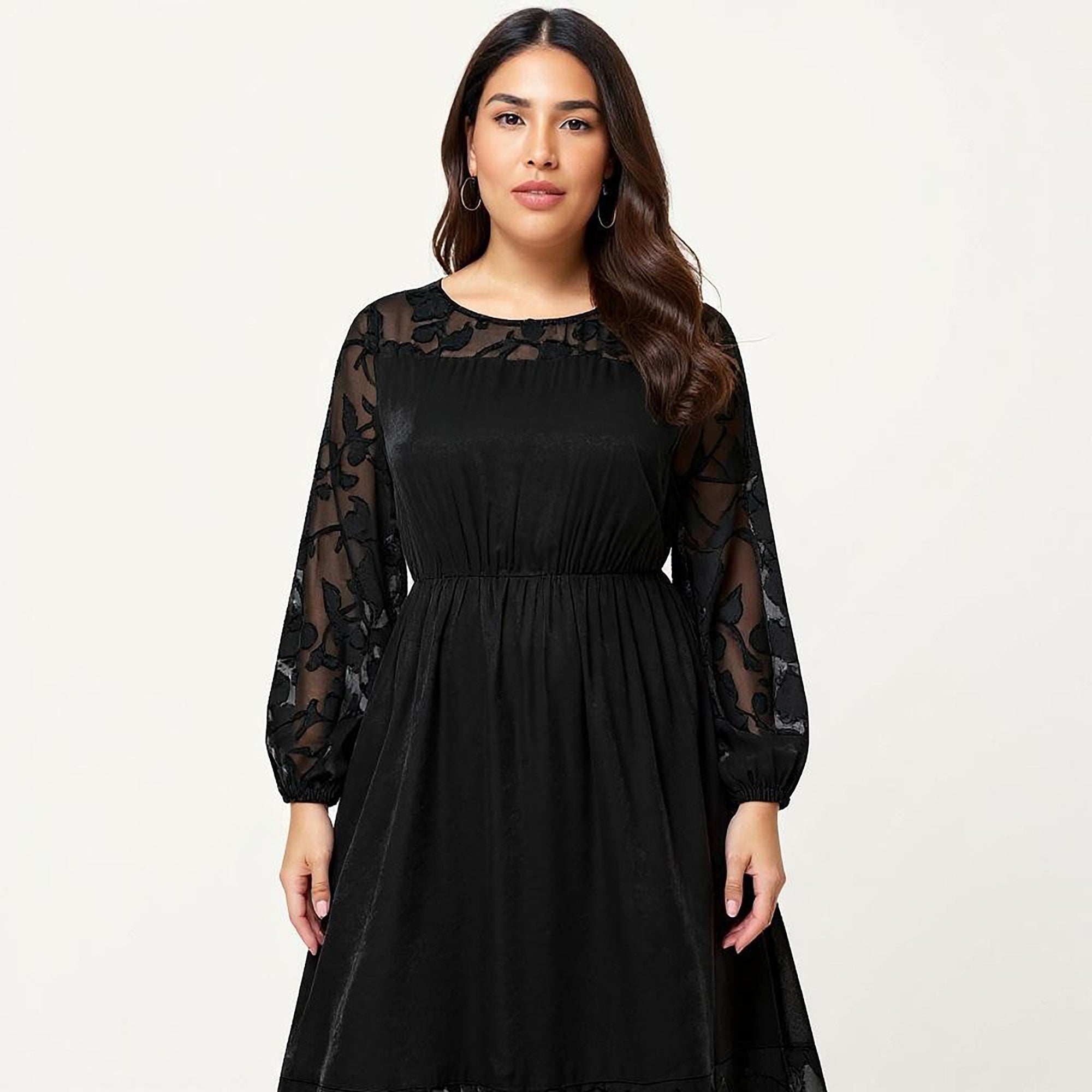 Anna-Kaci Women's Plus Size Long Sleeve Maxi Dress with Sheer Lace Sleeves Elastic Waist and Lace Hem Panel