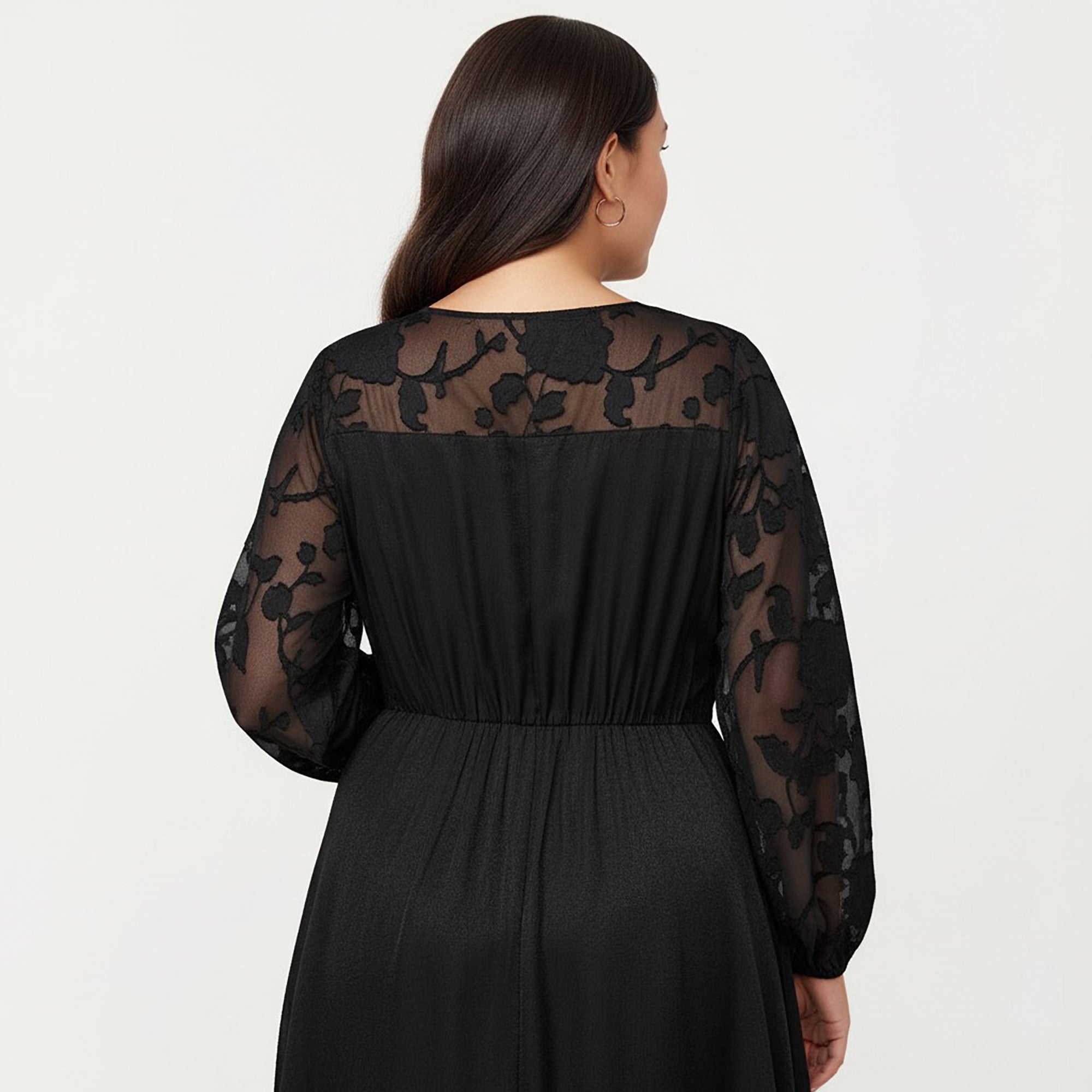 Anna-Kaci Women's Plus Size Long Sleeve Maxi Dress with Sheer Lace Sleeves Elastic Waist and Lace Hem Panel