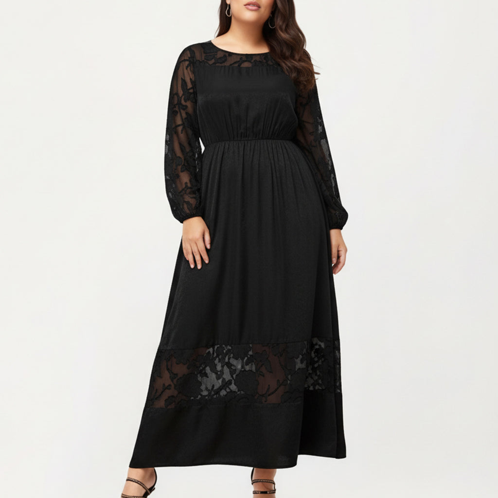 Anna-Kaci Women's Plus Size Long Sleeve Maxi Dress with Sheer Lace Sleeves Elastic Waist and Lace Hem Panel