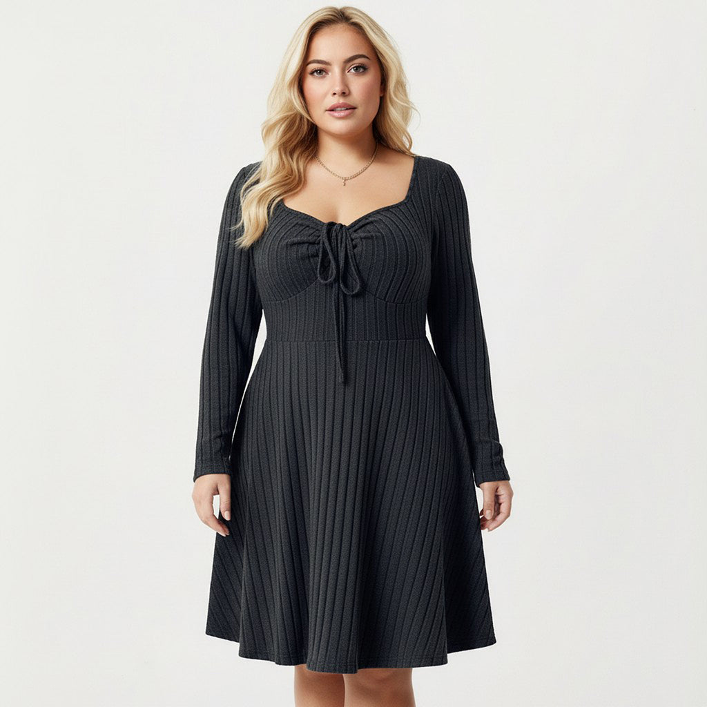 Anna-Kaci Women's Plus Size Long Sleeve Ribbed Knit Dress with Tie Front Detail and Flared Skirt