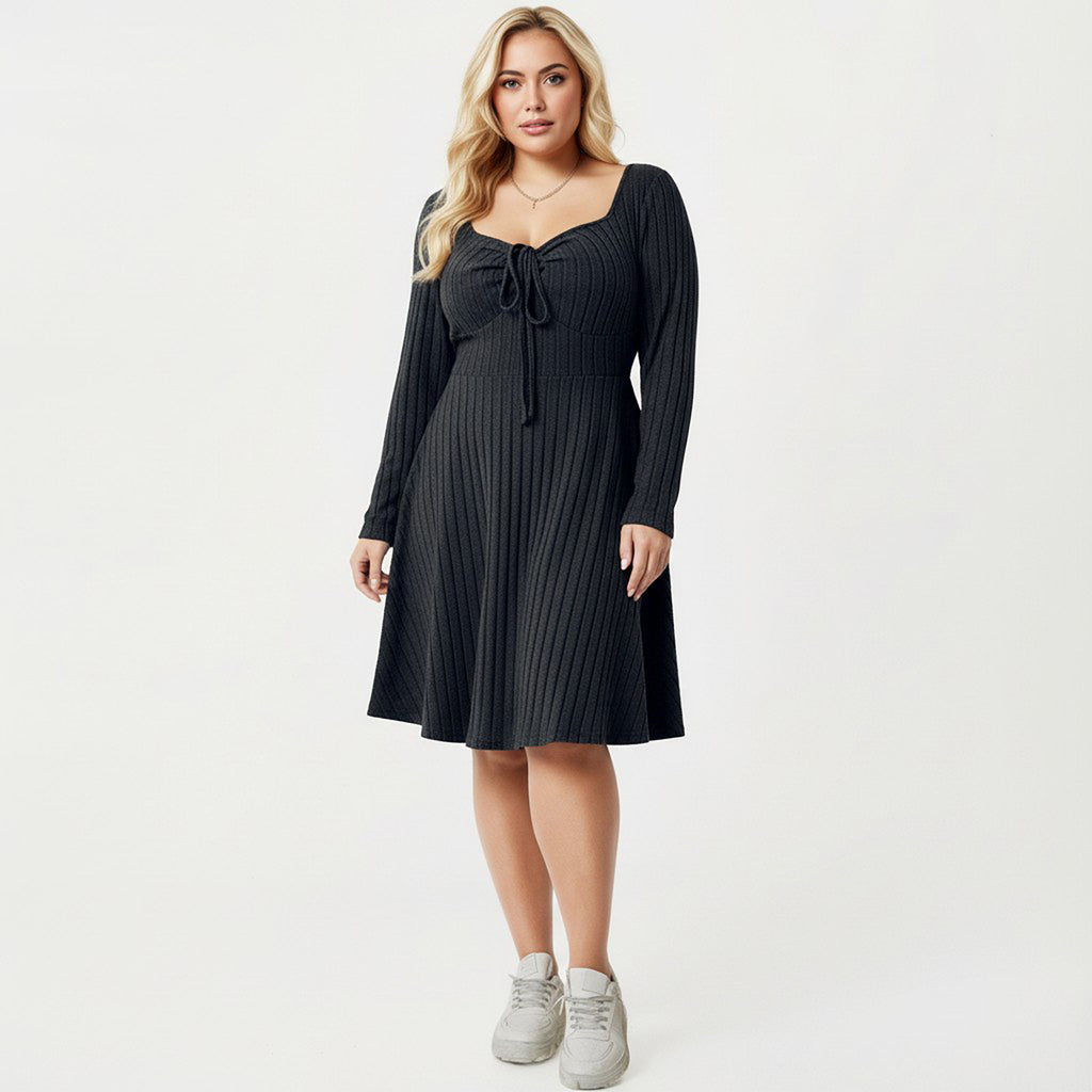 Anna-Kaci Women's Plus Size Long Sleeve Ribbed Knit Dress with Tie Front Detail and Flared Skirt