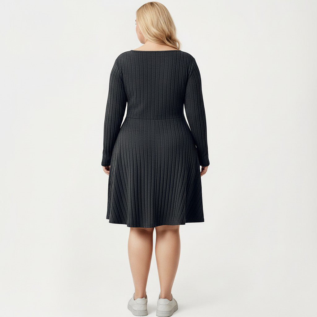 Anna-Kaci Women's Plus Size Long Sleeve Ribbed Knit Dress with Tie Front Detail and Flared Skirt