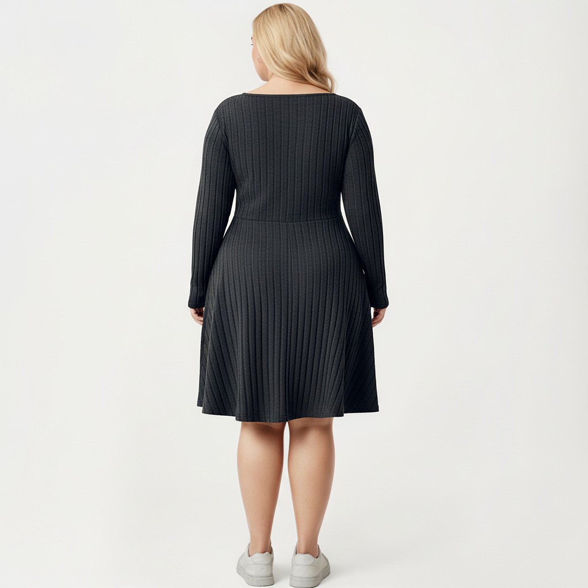 Anna-Kaci Women's Plus Size Long Sleeve Ribbed Knit Dress with Tie Front Detail and Flared Skirt