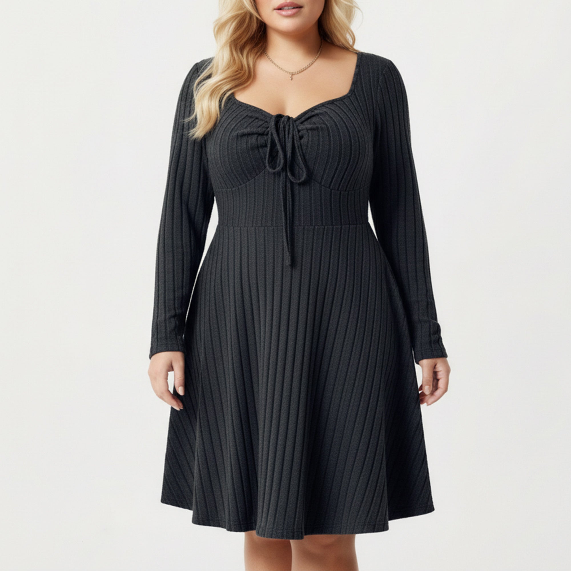 Anna-Kaci Women's Plus Size Long Sleeve Ribbed Knit Dress with Tie Front Detail and Flared Skirt