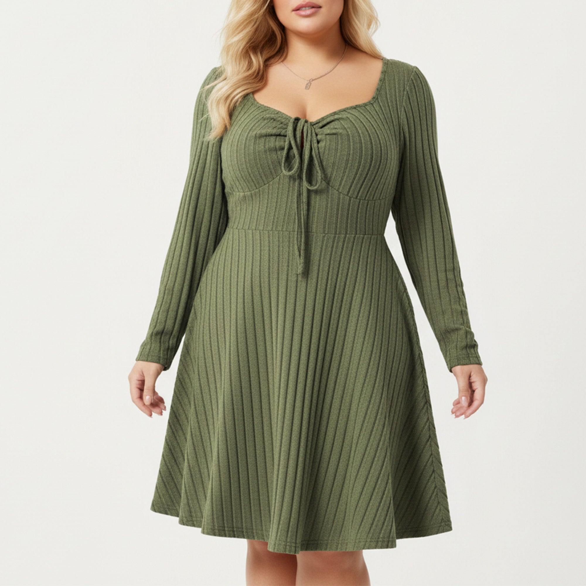 Anna-Kaci Women's Plus Size Long Sleeve Ribbed Knit Dress with Tie Front Detail and Flared Skirt