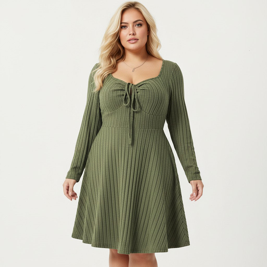 Anna-Kaci Women's Plus Size Long Sleeve Ribbed Knit Dress with Tie Front Detail and Flared Skirt