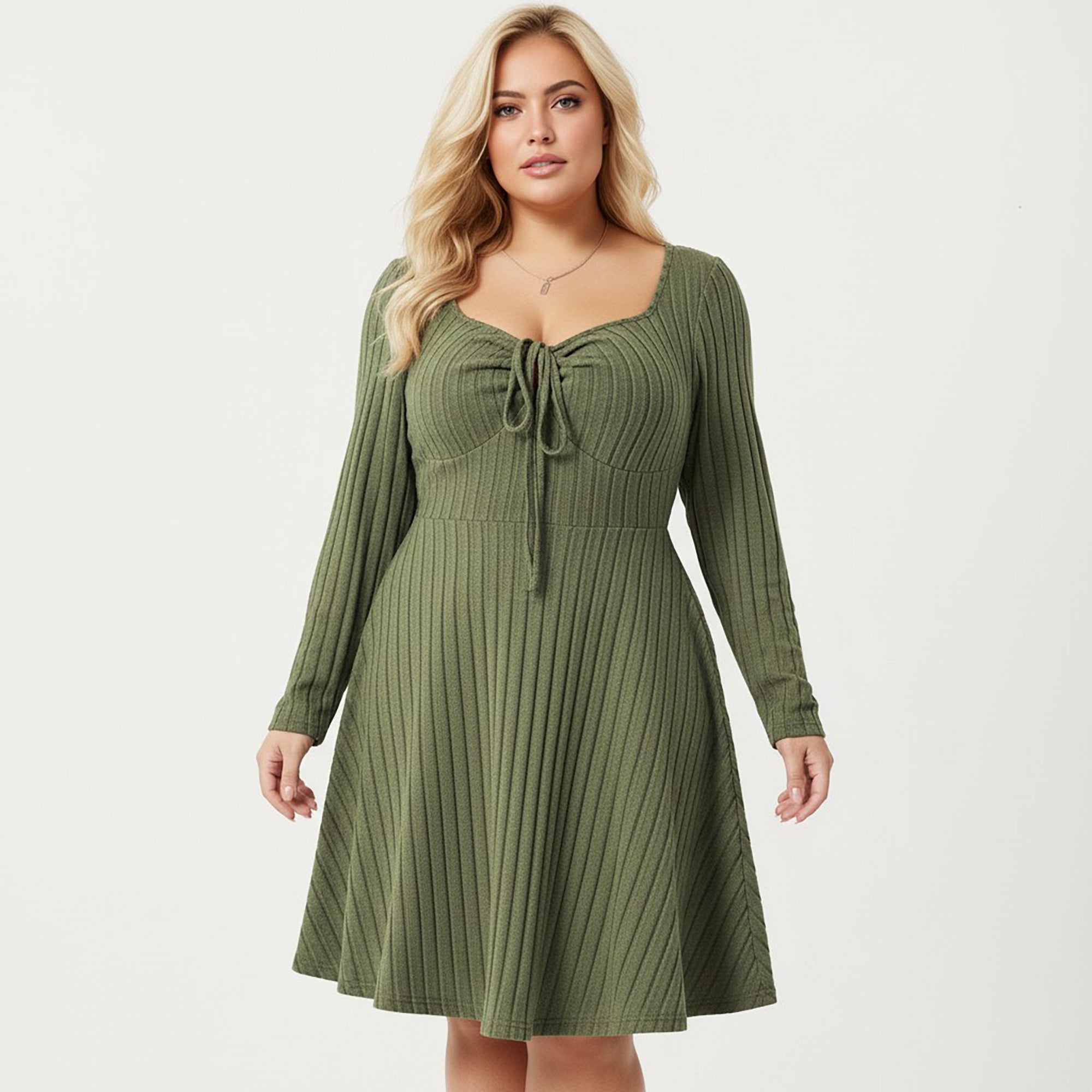 Anna-Kaci Women's Plus Size Long Sleeve Ribbed Knit Dress with Tie Front Detail and Flared Skirt