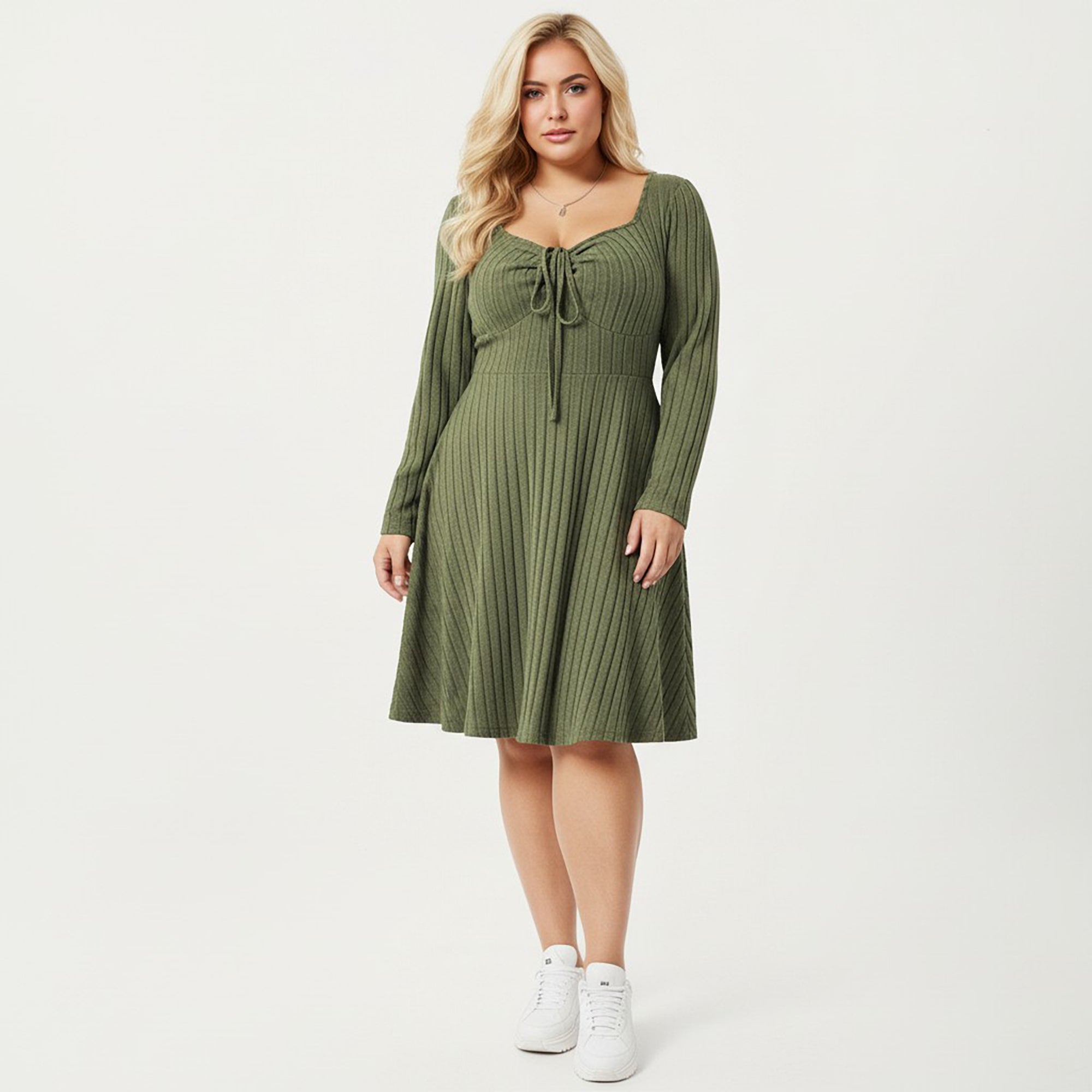 Anna-Kaci Women's Plus Size Long Sleeve Ribbed Knit Dress with Tie Front Detail and Flared Skirt