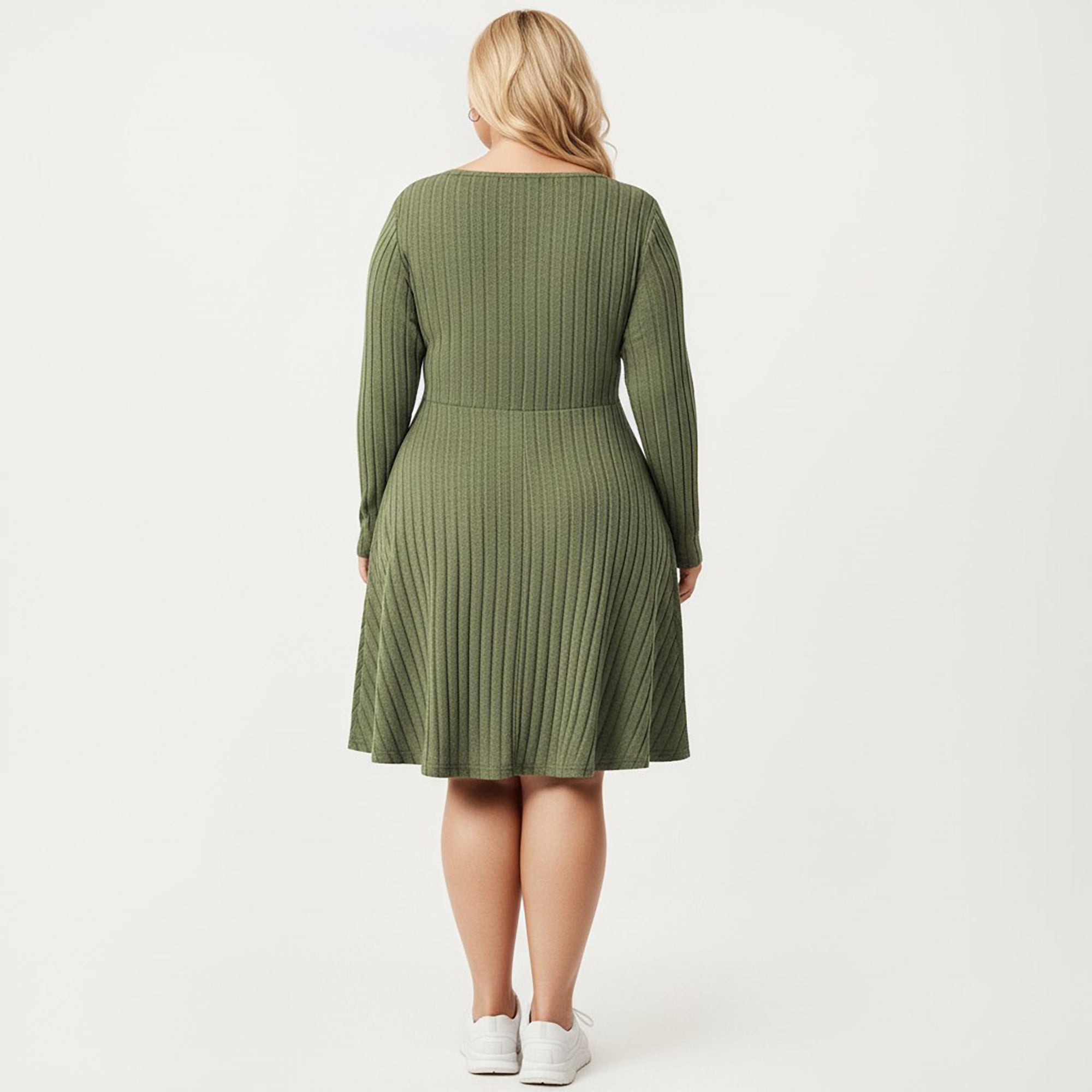 Anna-Kaci Women's Plus Size Long Sleeve Ribbed Knit Dress with Tie Front Detail and Flared Skirt