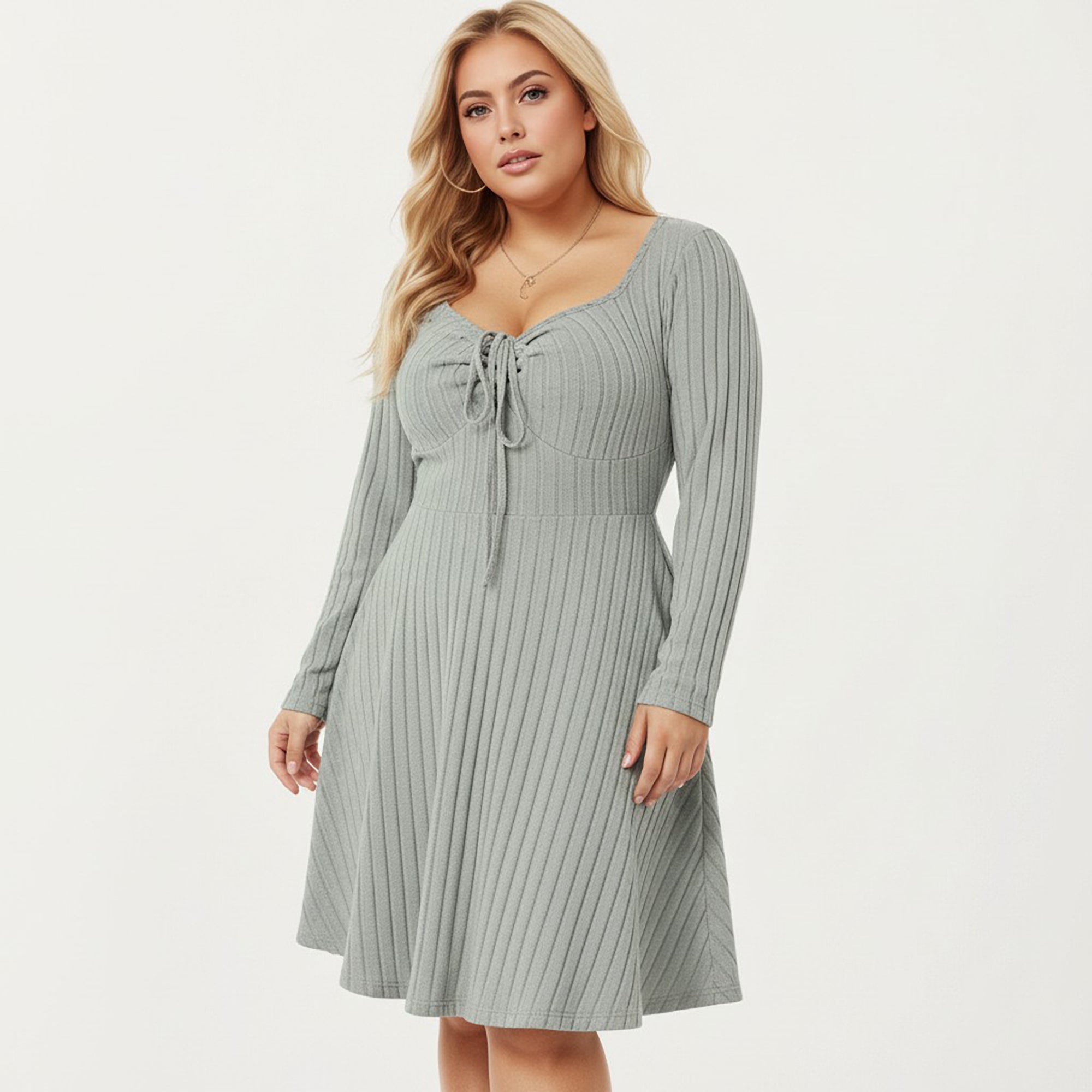Anna-Kaci Women's Plus Size Long Sleeve Ribbed Knit Dress with Tie Front Detail and Flared Skirt