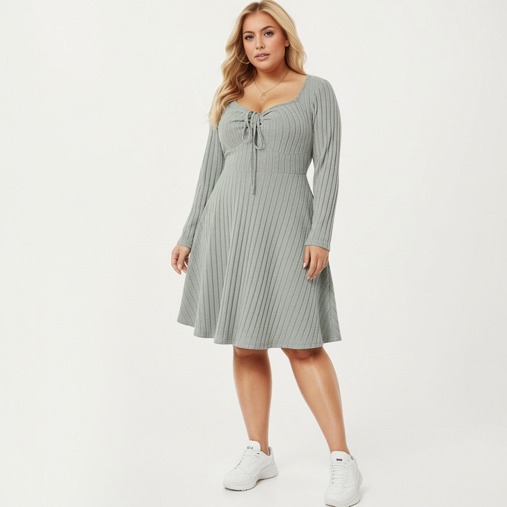 Anna-Kaci Women's Plus Size Long Sleeve Ribbed Knit Dress with Tie Front Detail and Flared Skirt