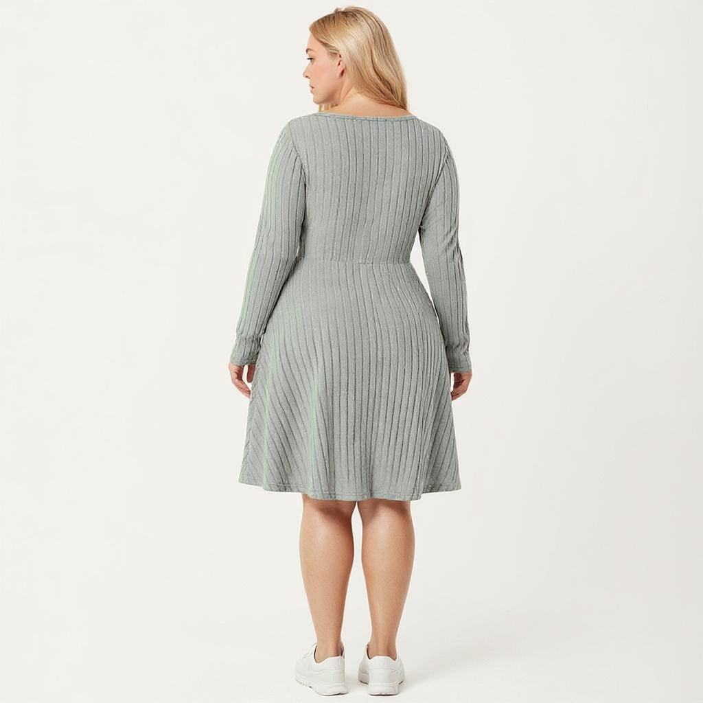 Anna-Kaci Women's Plus Size Long Sleeve Ribbed Knit Dress with Tie Front Detail and Flared Skirt