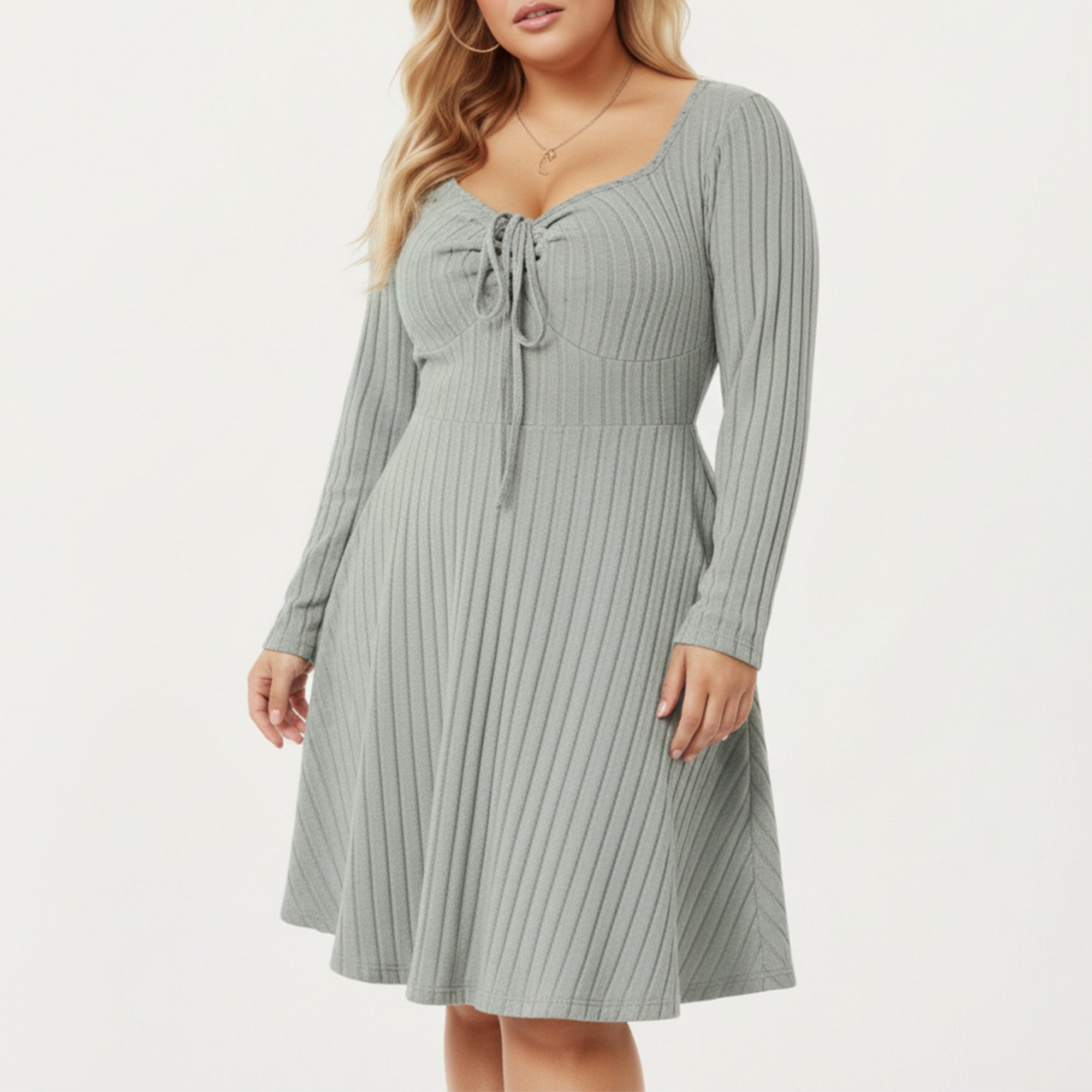 Anna-Kaci Women's Plus Size Long Sleeve Ribbed Knit Dress with Tie Front Detail and Flared Skirt