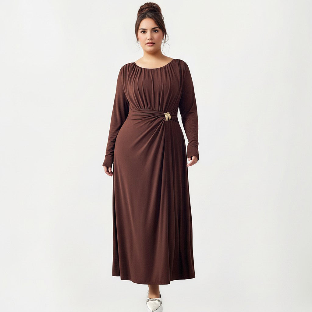 Anna-Kaci Women's Plus Size Long Sleeve Draped Maxi Dress with Gathered Waist and Elegant Silhouette