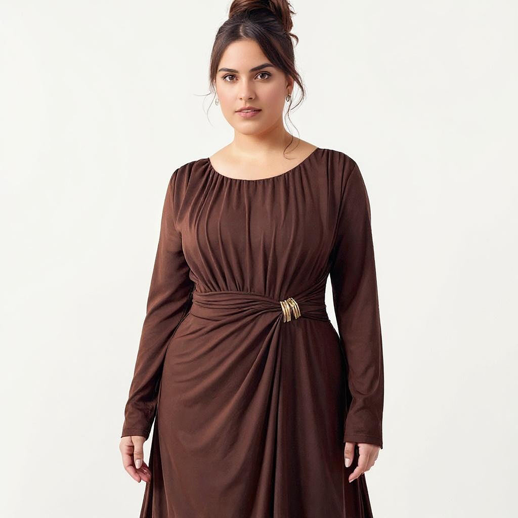 Anna-Kaci Women's Plus Size Long Sleeve Draped Maxi Dress with Gathered Waist and Elegant Silhouette