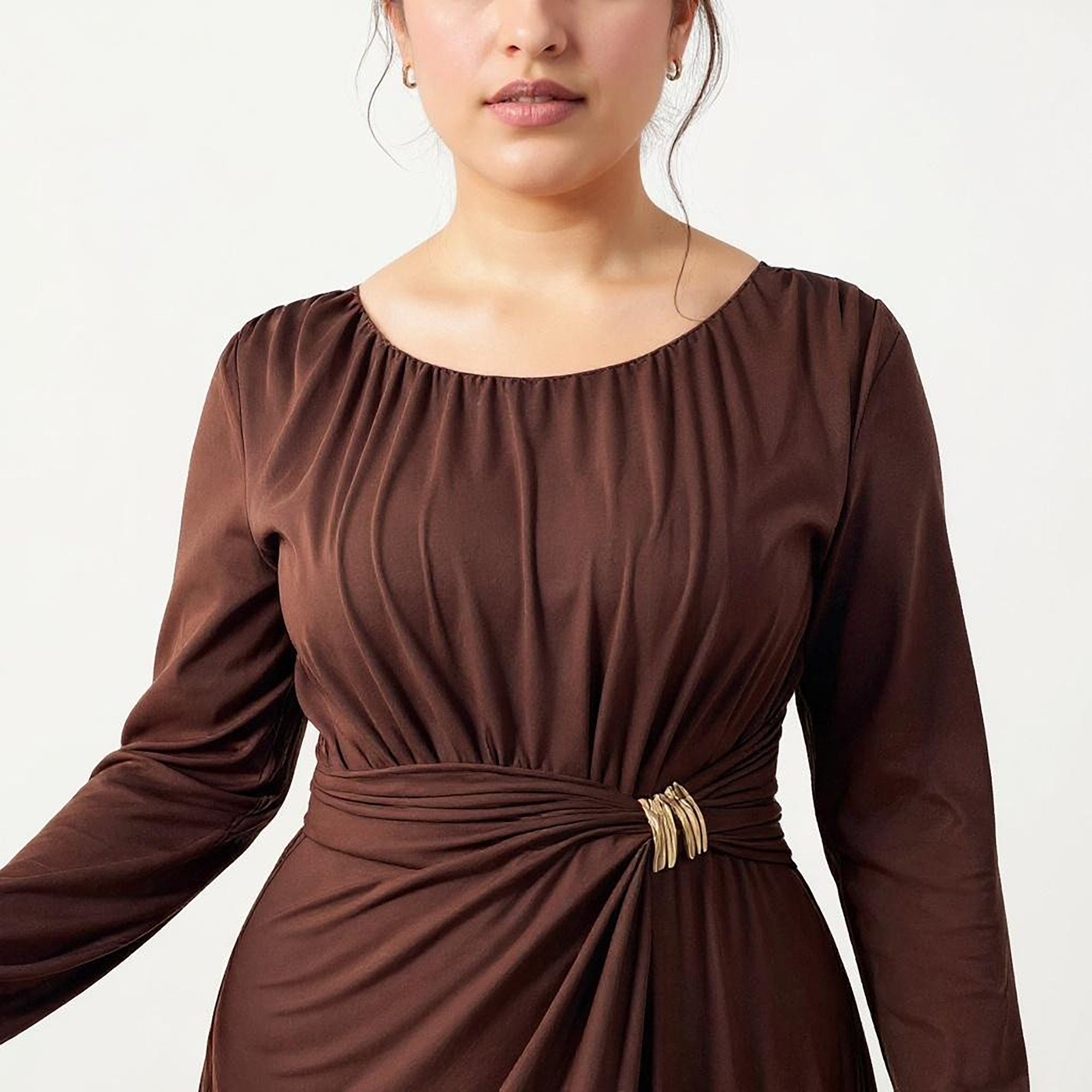 Anna-Kaci Women's Plus Size Long Sleeve Draped Maxi Dress with Gathered Waist and Elegant Silhouette