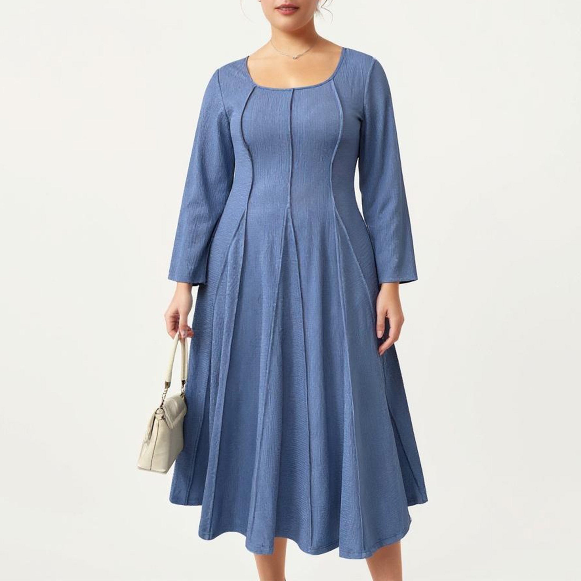 Anna-Kaci Women's Plus Size Long Sleeve Midi Dress with Fitted Bodice, Flared Skirt, and Square Neckline