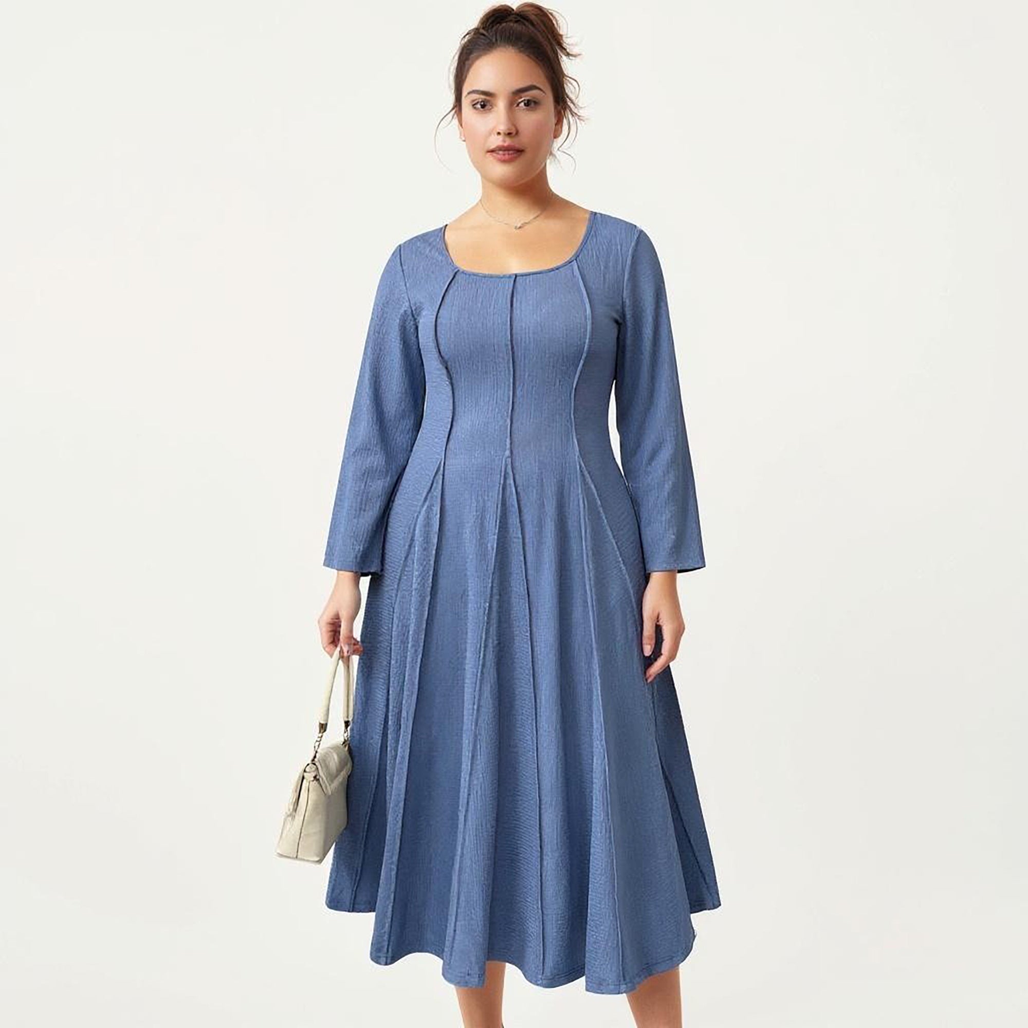 Anna-Kaci Women's Plus Size Long Sleeve Midi Dress with Fitted Bodice, Flared Skirt, and Square Neckline