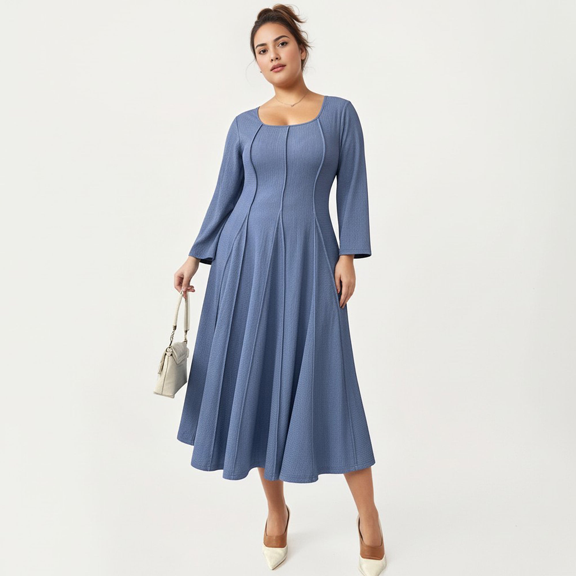 Anna-Kaci Women's Plus Size Long Sleeve Midi Dress with Fitted Bodice, Flared Skirt, and Square Neckline