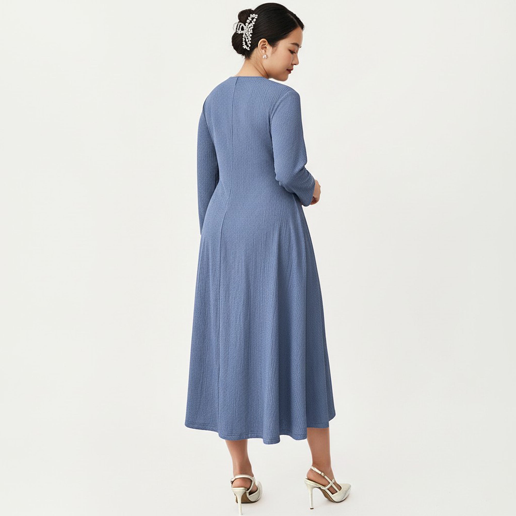 Anna-Kaci Women's Plus Size Long Sleeve Midi Dress with Fitted Bodice, Flared Skirt, and Square Neckline
