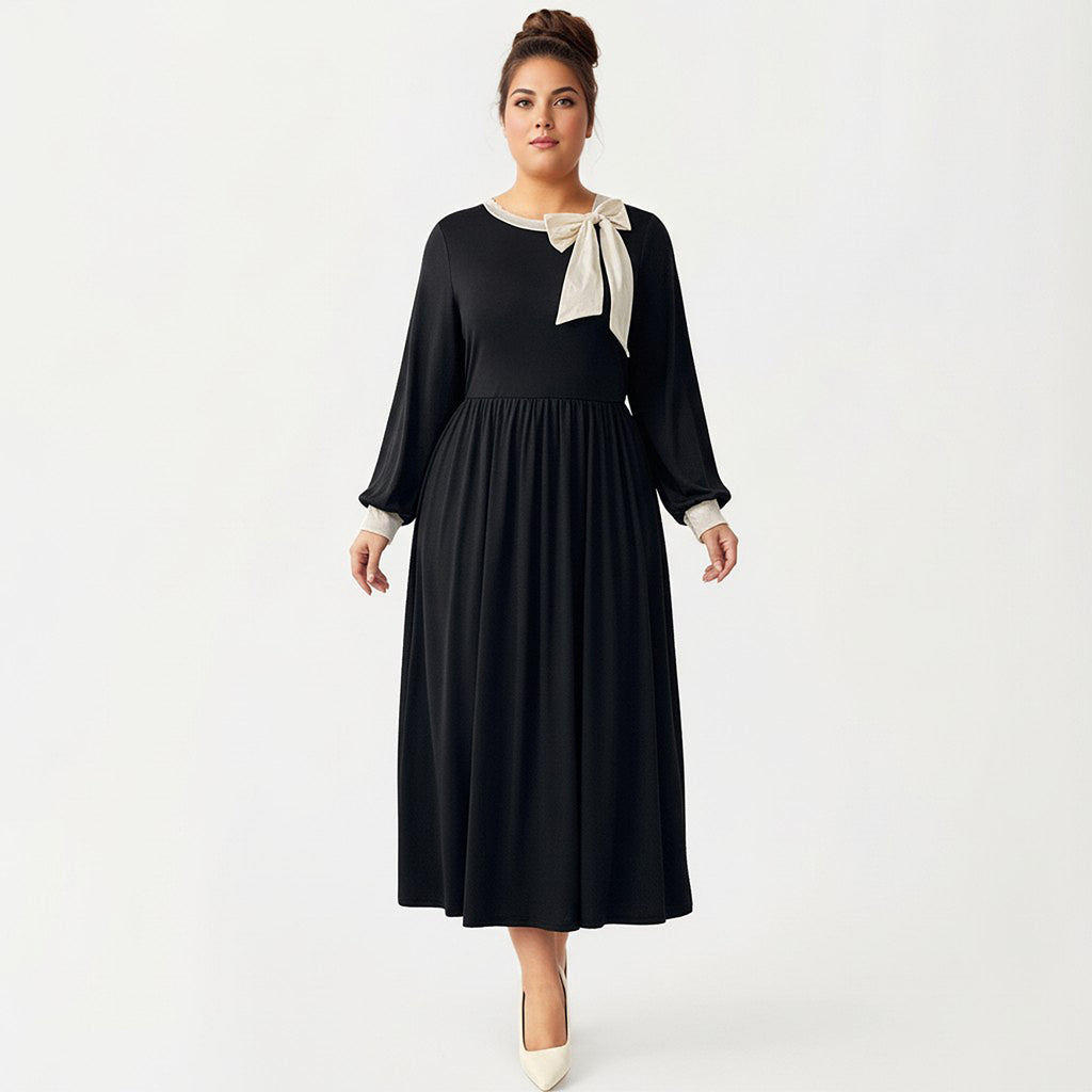 Anna-Kaci Women's Plus Size Long Sleeve Midi Dress with Bow Neck Detail, Gathered Waist, and Flowy Skirt