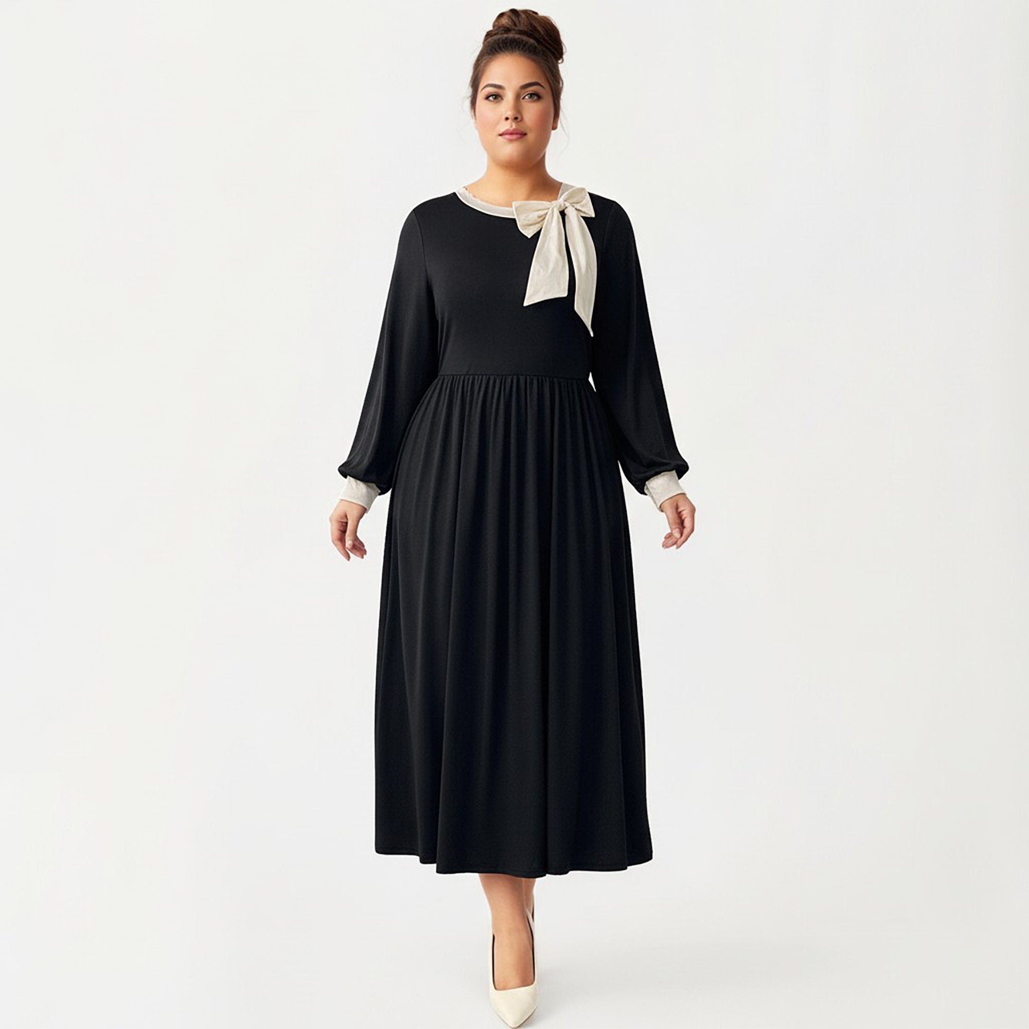 Anna-Kaci Women's Plus Size Long Sleeve Midi Dress with Bow Neck Detail, Gathered Waist, and Flowy Skirt