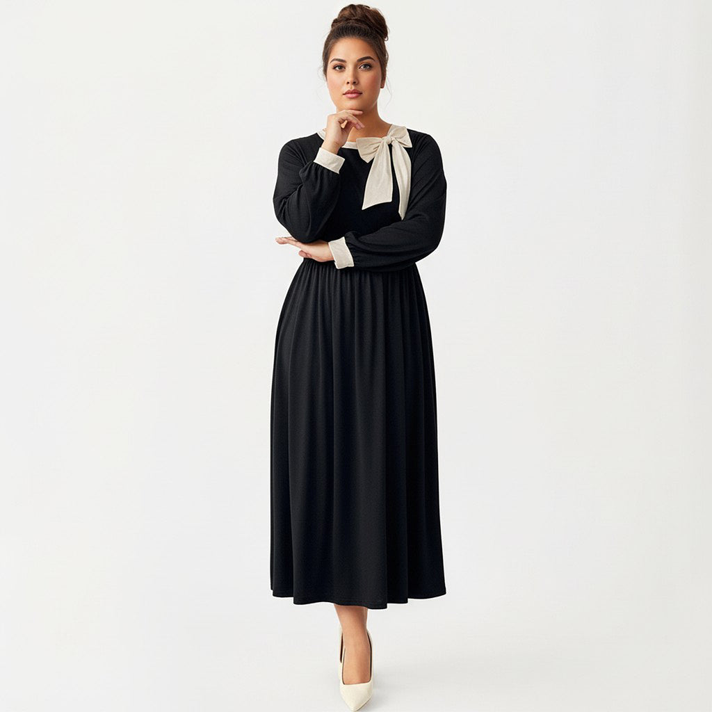 Anna-Kaci Women's Plus Size Long Sleeve Midi Dress with Bow Neck Detail, Gathered Waist, and Flowy Skirt