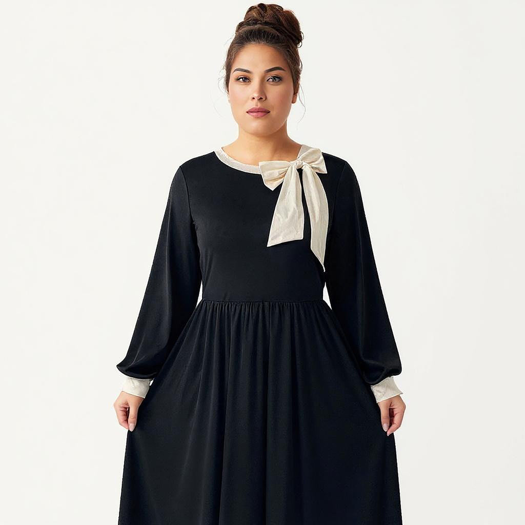 Anna-Kaci Women's Plus Size Long Sleeve Midi Dress with Bow Neck Detail, Gathered Waist, and Flowy Skirt