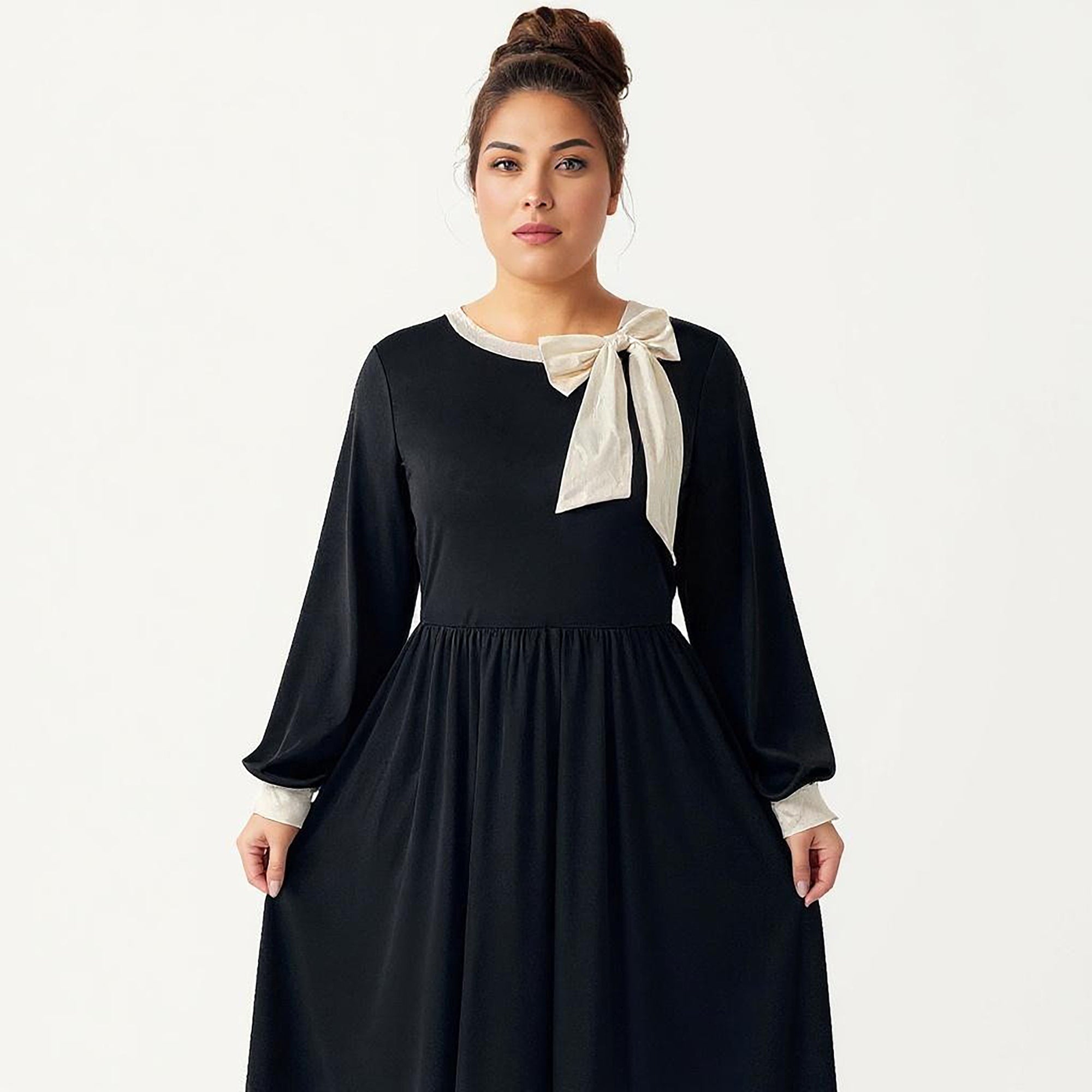 Anna-Kaci Women's Plus Size Long Sleeve Midi Dress with Bow Neck Detail, Gathered Waist, and Flowy Skirt