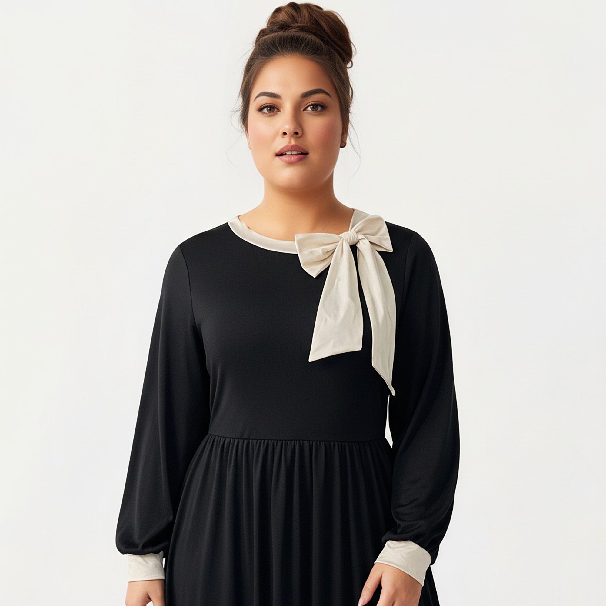 Anna-Kaci Women's Plus Size Long Sleeve Midi Dress with Bow Neck Detail, Gathered Waist, and Flowy Skirt