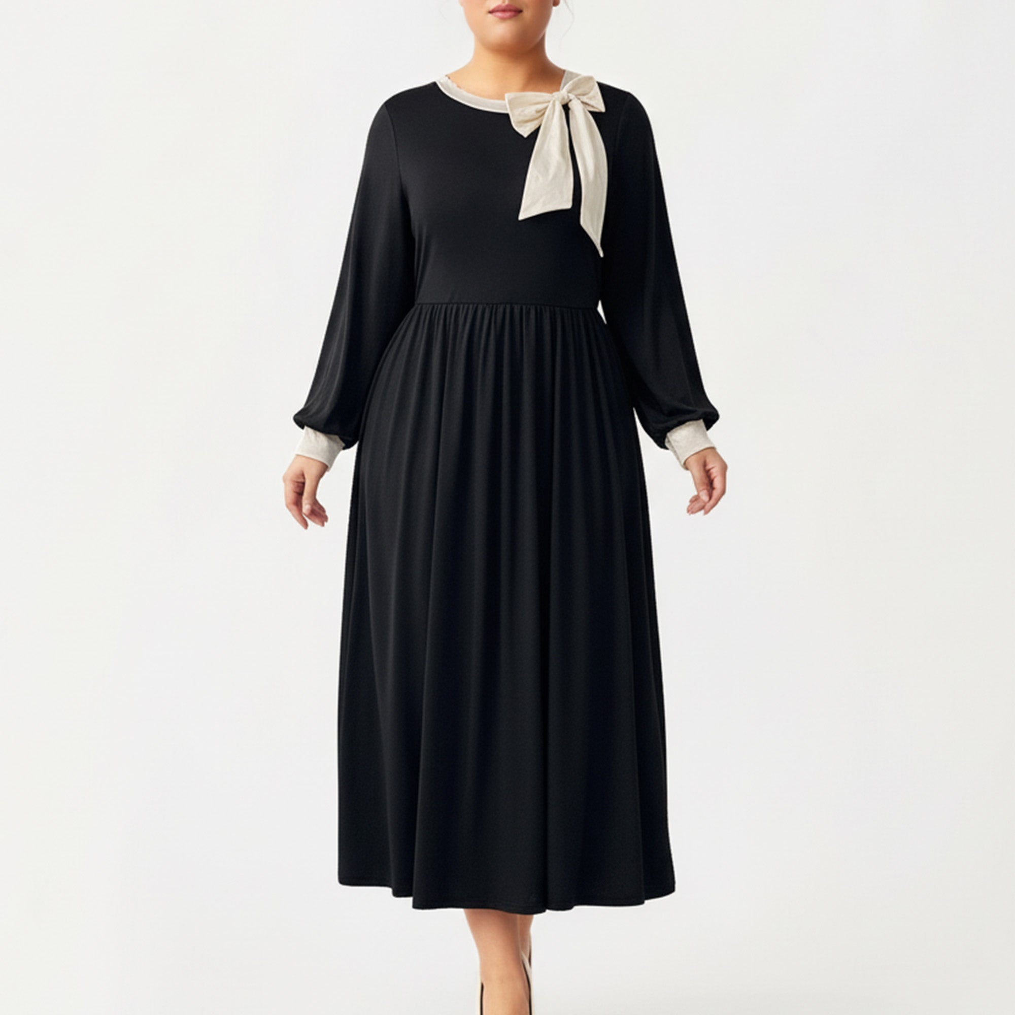 Anna-Kaci Women's Plus Size Long Sleeve Midi Dress with Bow Neck Detail, Gathered Waist, and Flowy Skirt