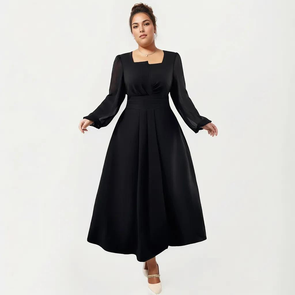 Anna-Kaci Women's Plus Size Long Sleeve Midi Dress with Pleated Waist Detail and Flowy A Line Silhouette