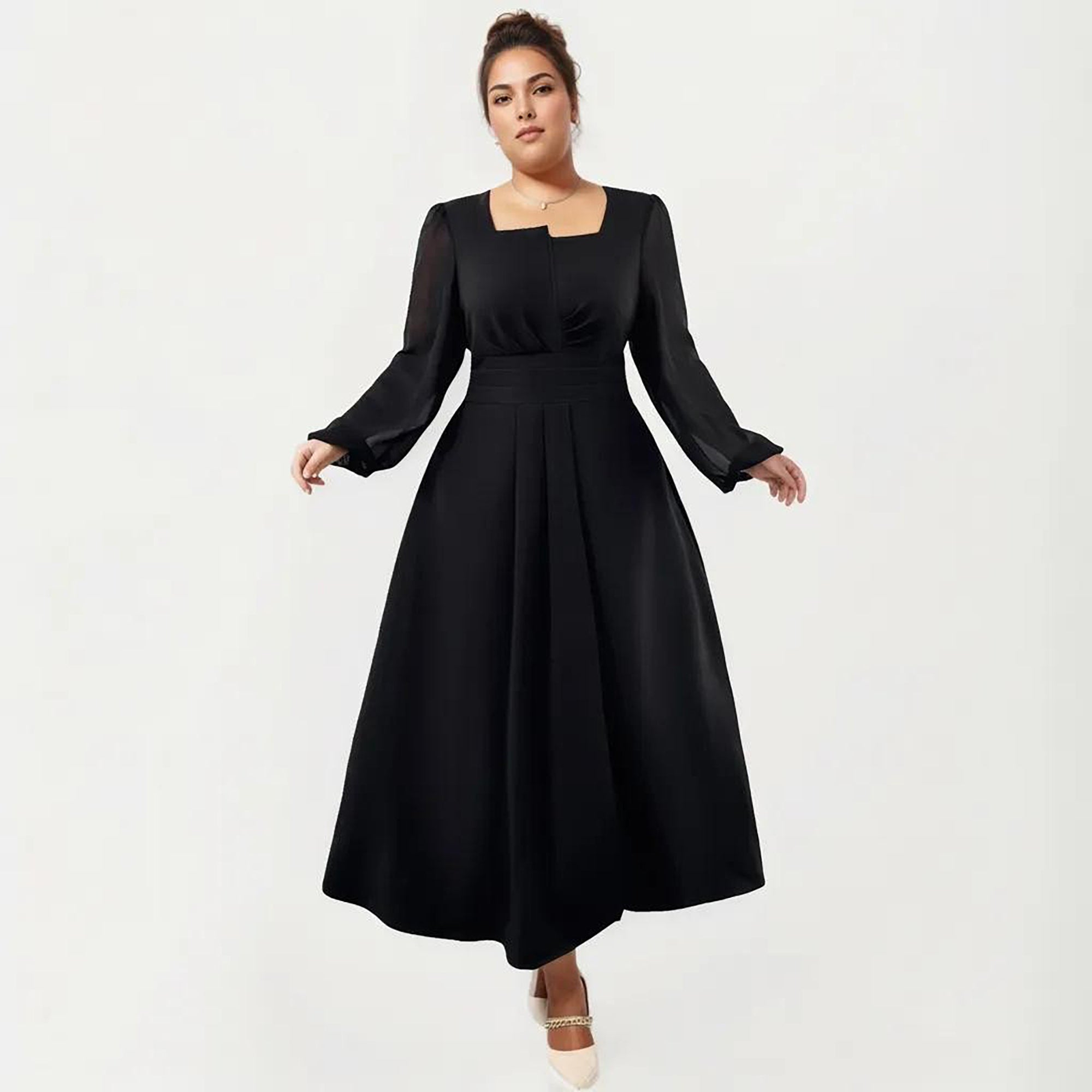 Anna-Kaci Women's Plus Size Long Sleeve Midi Dress with Pleated Waist Detail and Flowy A Line Silhouette