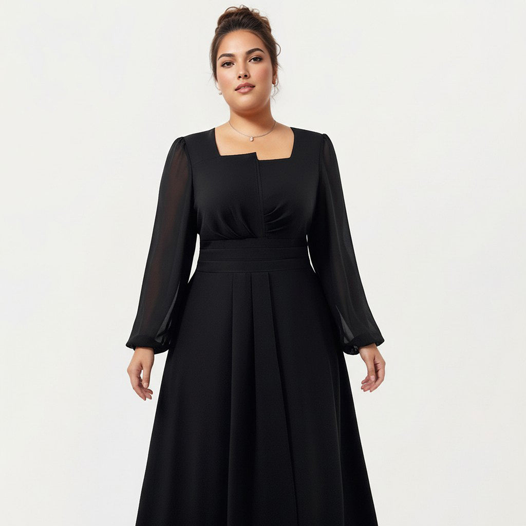 Anna-Kaci Women's Plus Size Long Sleeve Midi Dress with Pleated Waist Detail and Flowy A Line Silhouette