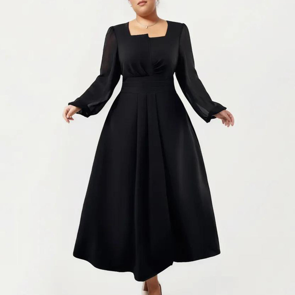 Anna-Kaci Women's Plus Size Long Sleeve Midi Dress with Pleated Waist Detail and Flowy A Line Silhouette
