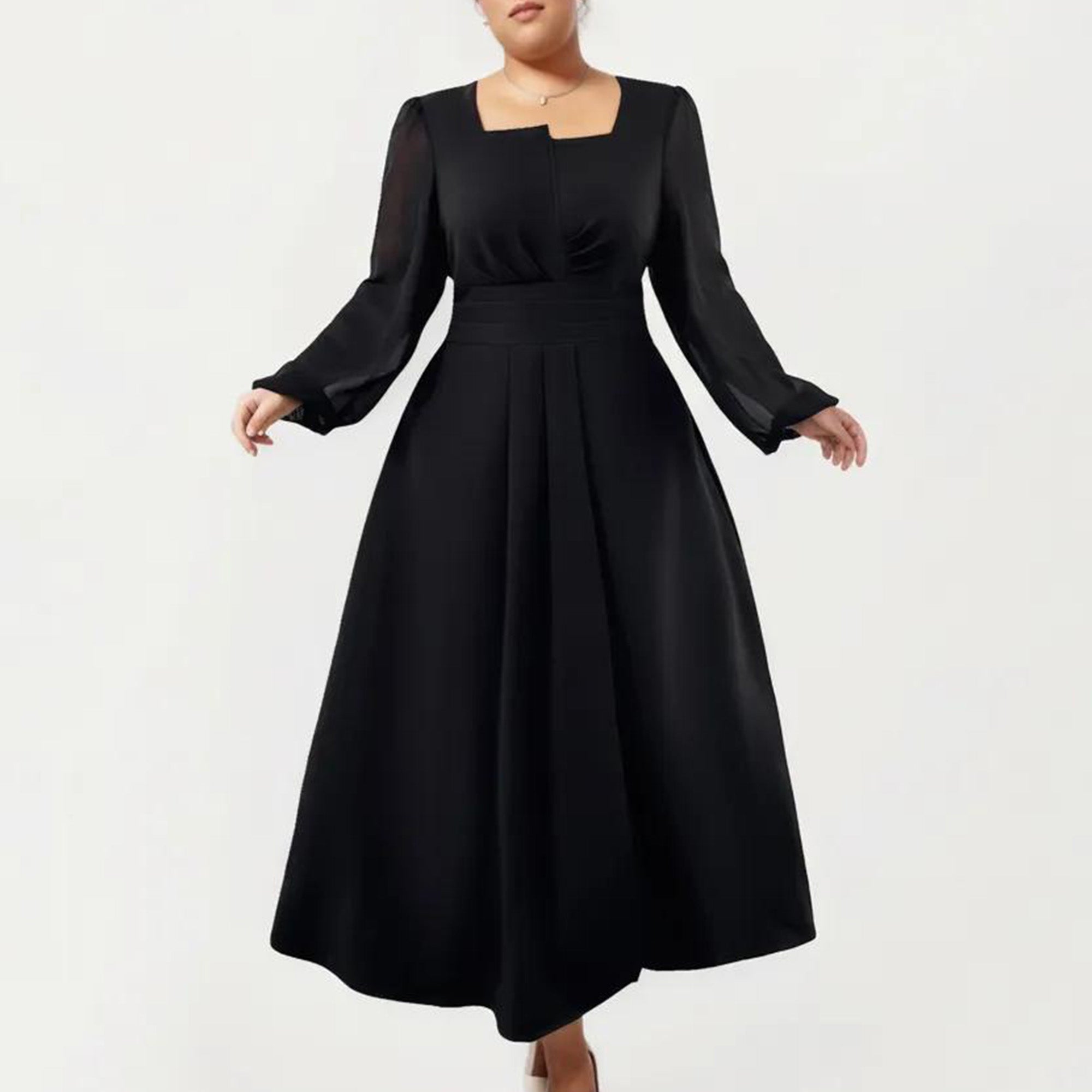 Anna-Kaci Women's Plus Size Long Sleeve Midi Dress with Pleated Waist Detail and Flowy A Line Silhouette