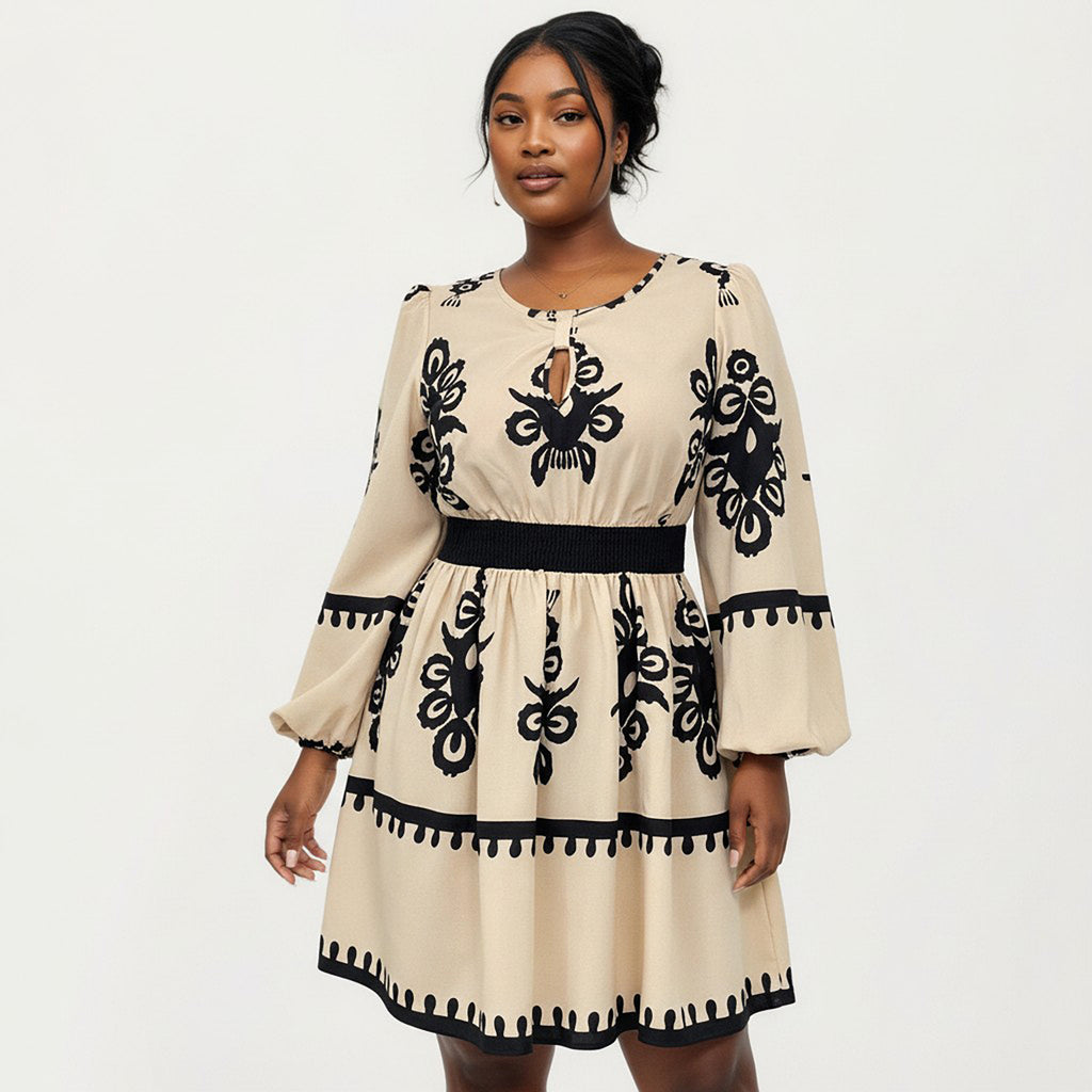 Anna-Kaci Women's Plus Size Long Sleeve Printed Mini Dress with Elastic Waist Detail