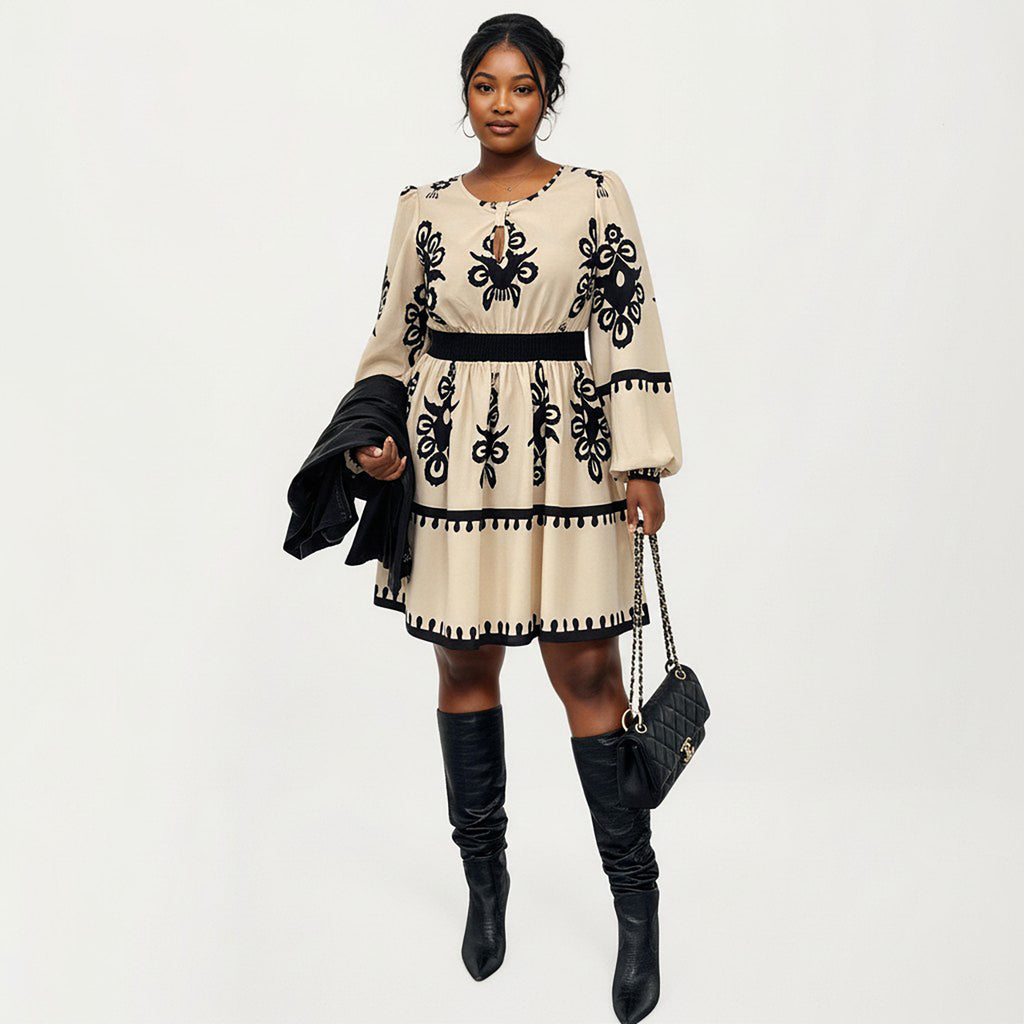 Anna-Kaci Women's Plus Size Long Sleeve Printed Mini Dress with Elastic Waist Detail