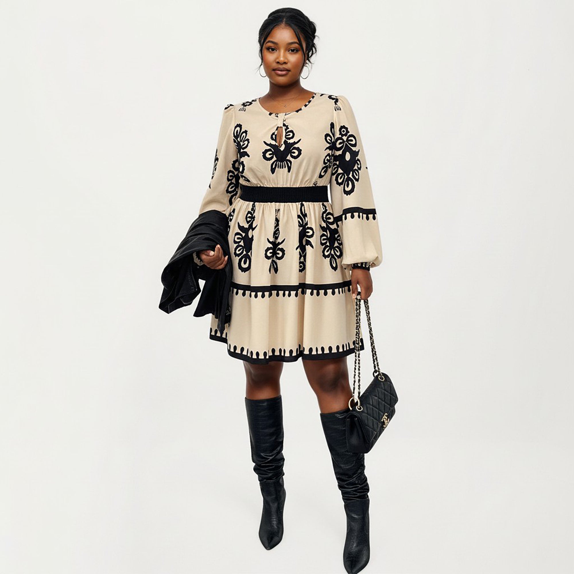 Anna-Kaci Women's Plus Size Long Sleeve Printed Mini Dress with Elastic Waist Detail