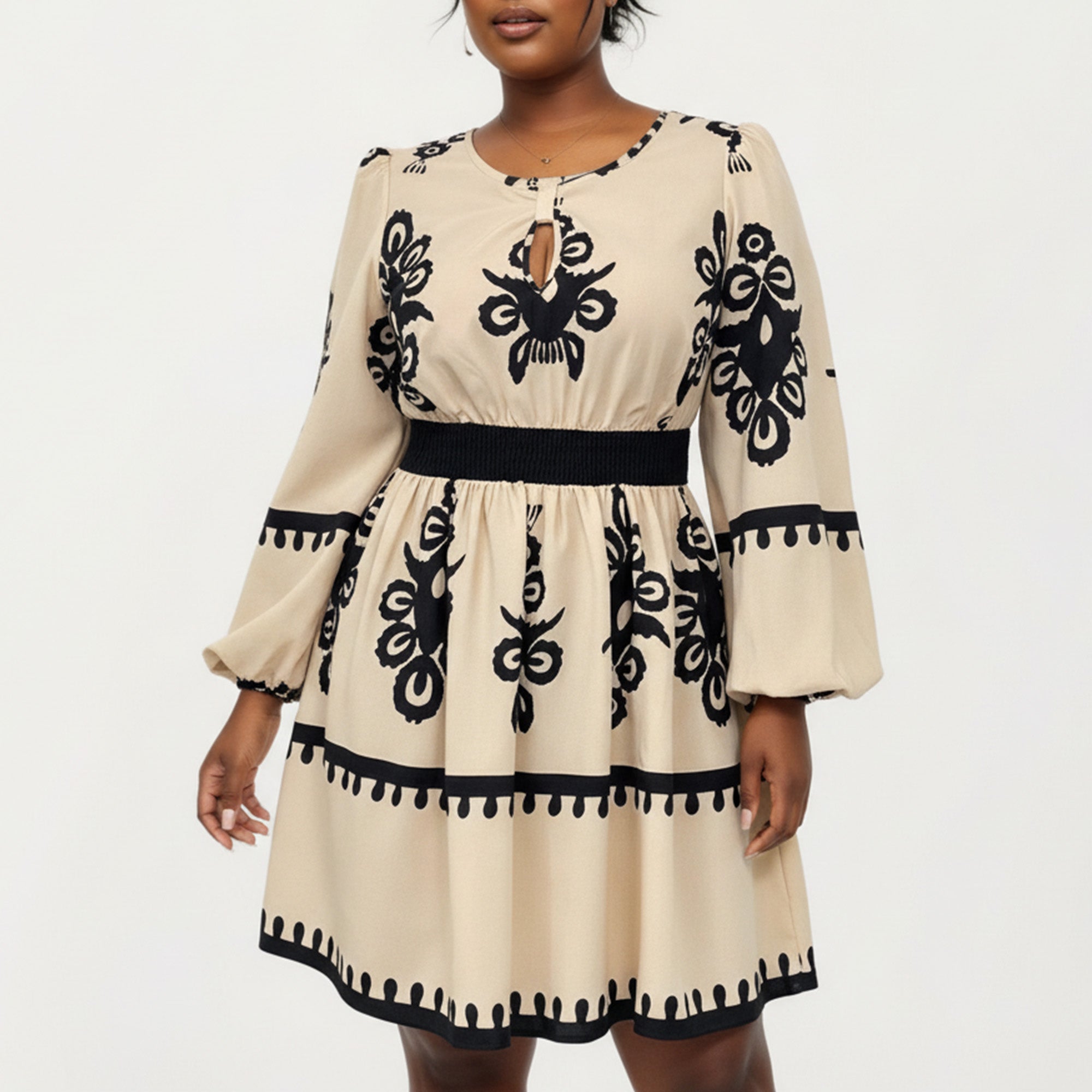 Anna-Kaci Women's Plus Size Long Sleeve Printed Mini Dress with Elastic Waist Detail