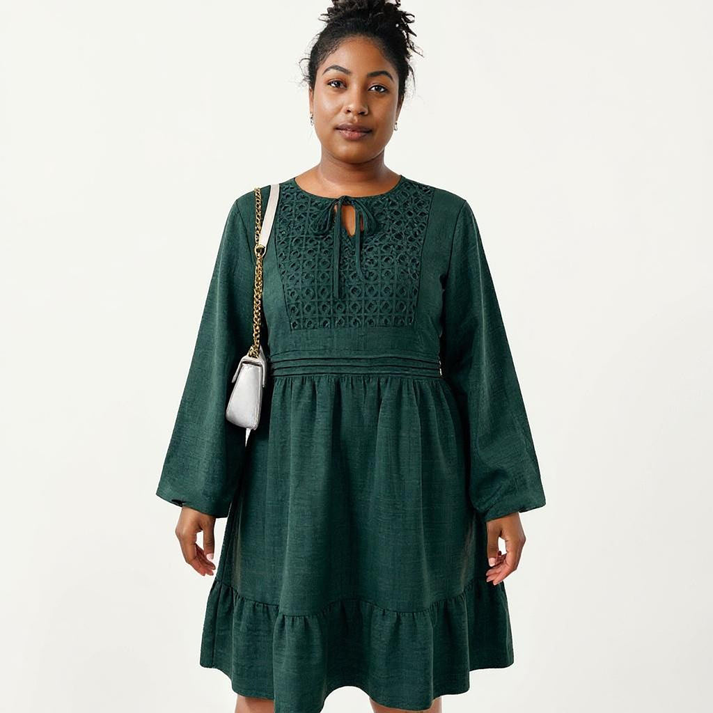 Anna-Kaci Women's Plus Size Long Sleeve Embroidered Midi Dress with Elastic Waist and Tiered Hem Design