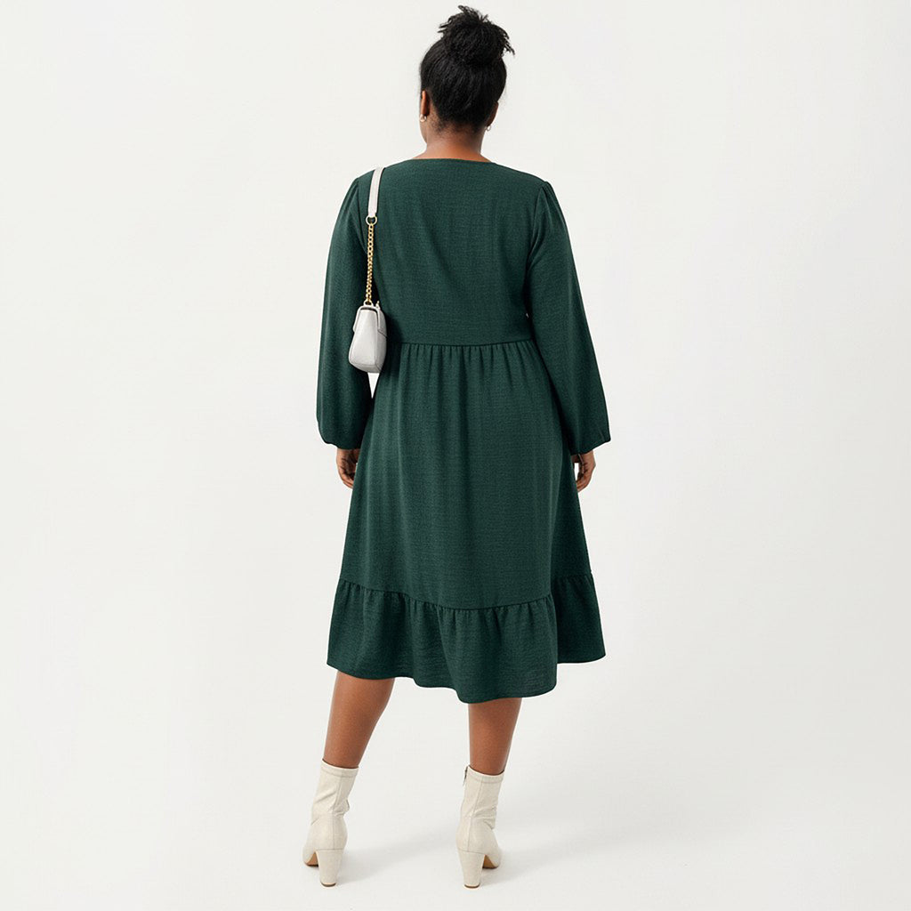 Anna-Kaci Women's Plus Size Long Sleeve Embroidered Midi Dress with Elastic Waist and Tiered Hem Design