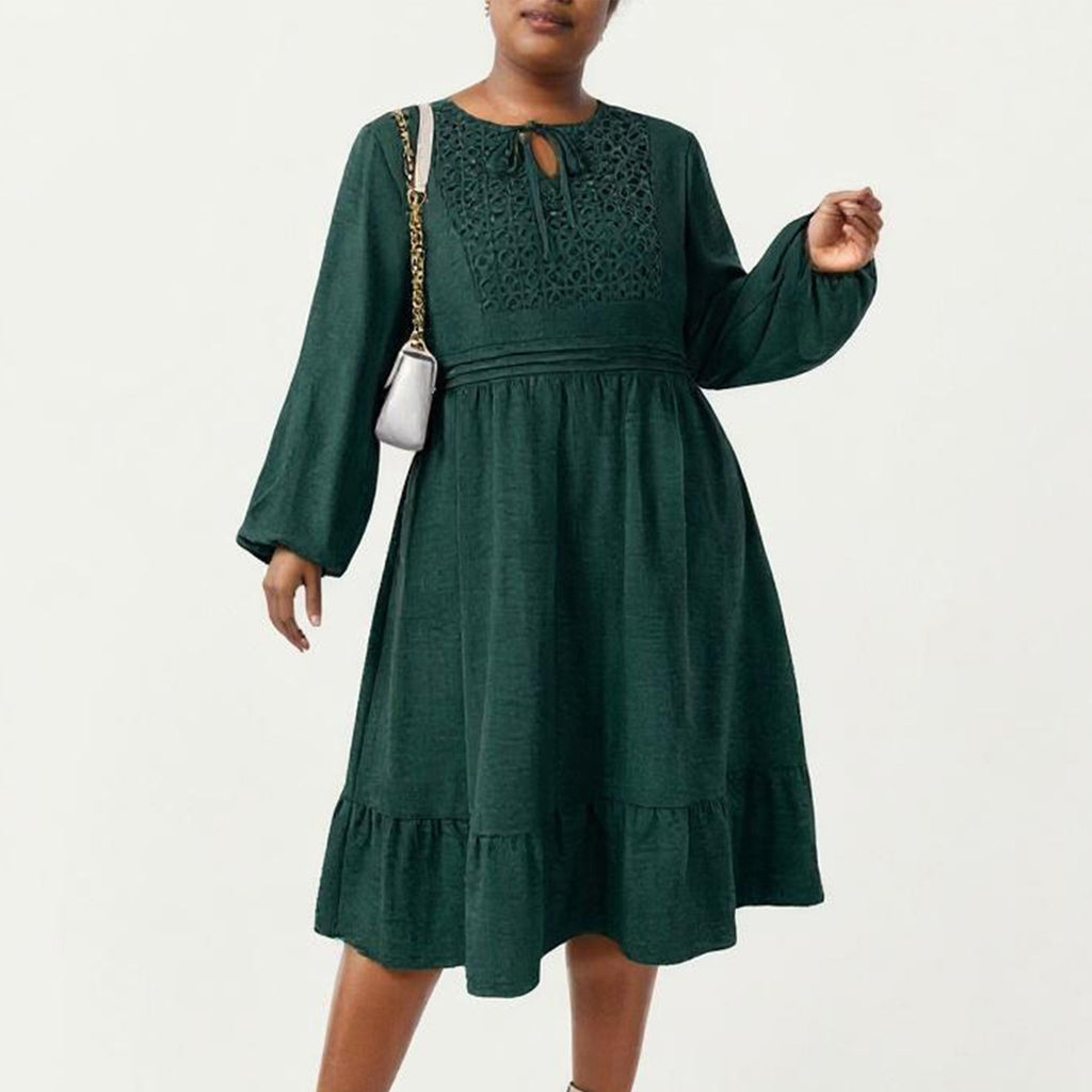 Anna-Kaci Women's Plus Size Long Sleeve Embroidered Midi Dress with Elastic Waist and Tiered Hem Design