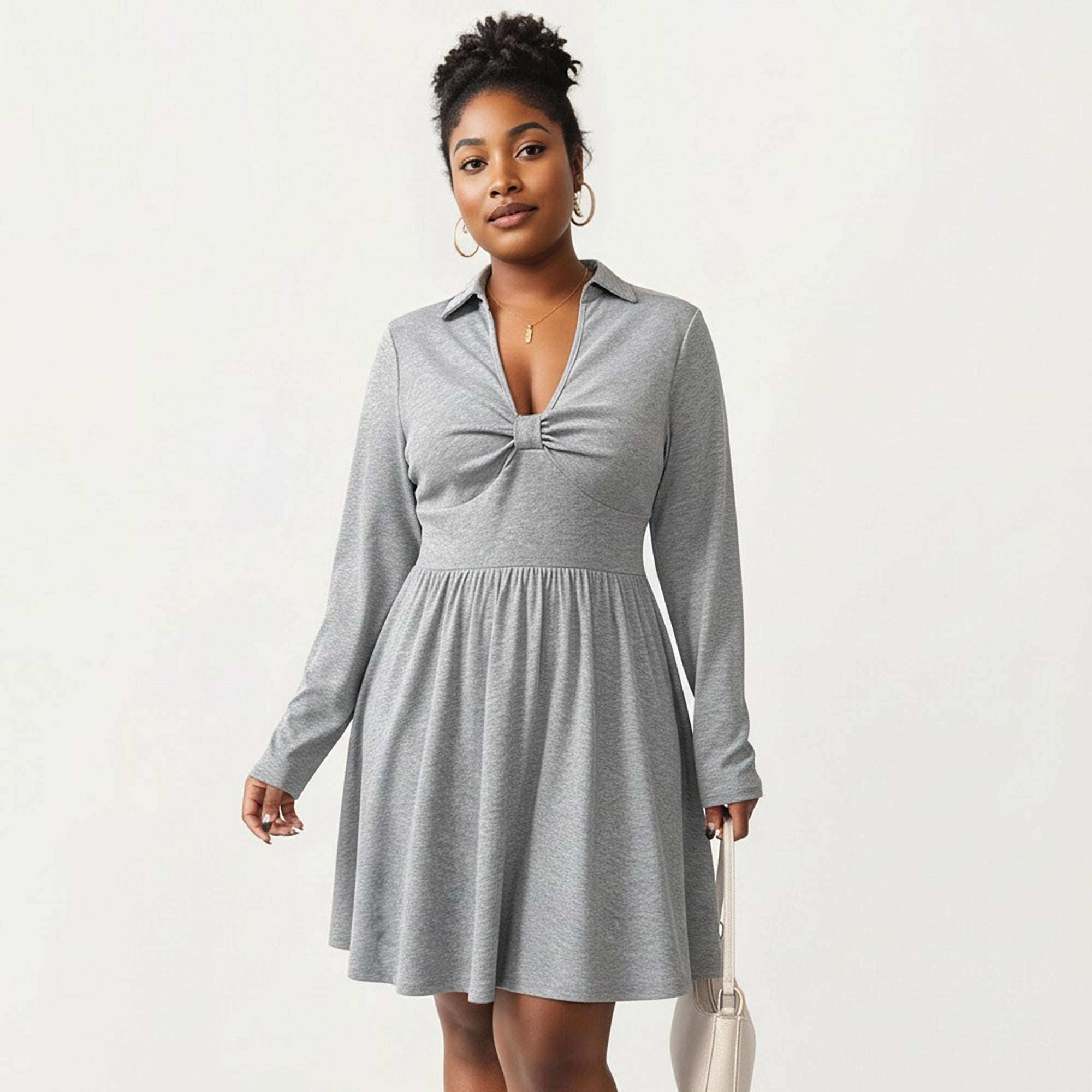Anna-Kaci Women's Plus Size Long Sleeve Knit Dress with Collared Neckline Twist Front Detail and Flowy Skirt