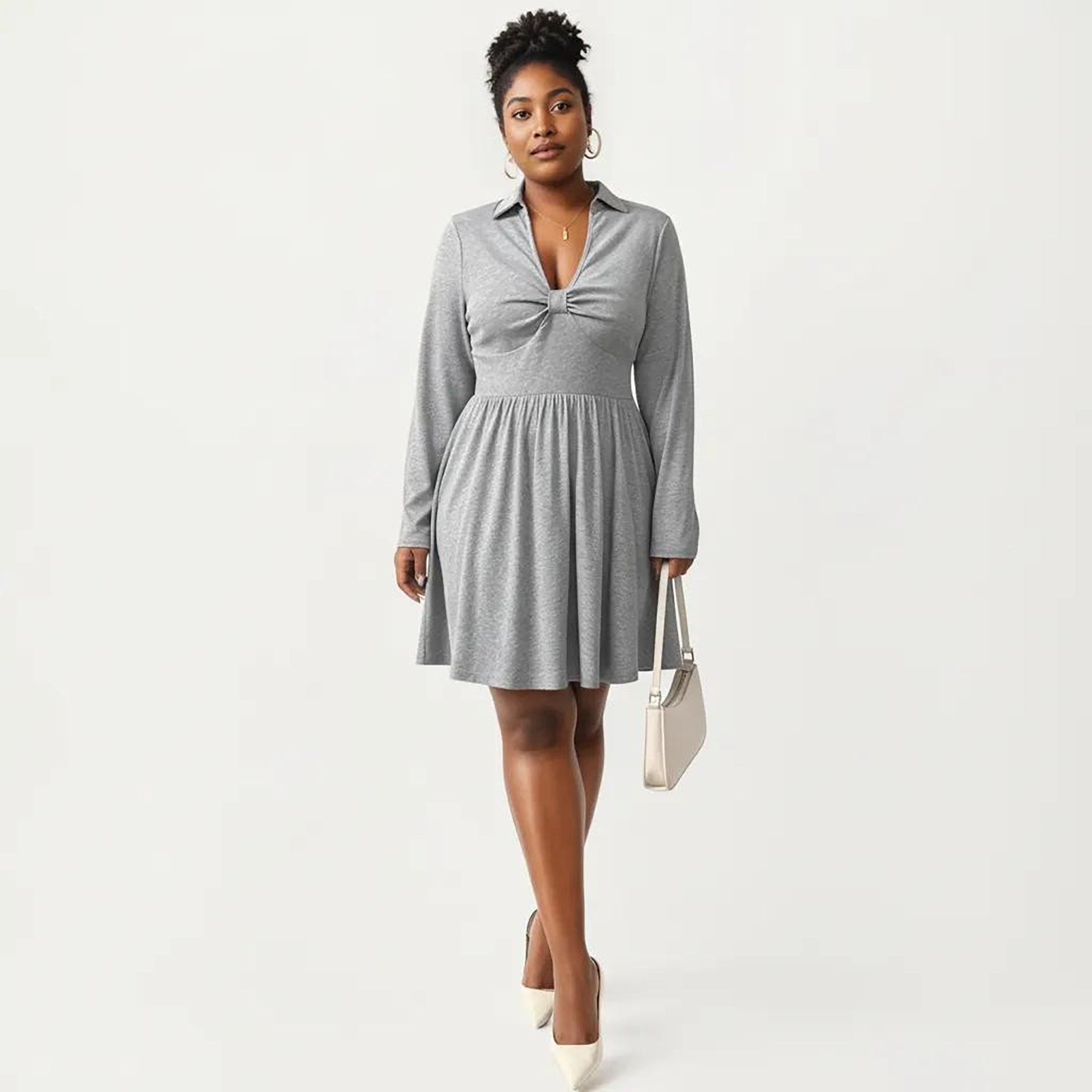 Anna-Kaci Women's Plus Size Long Sleeve Knit Dress with Collared Neckline Twist Front Detail and Flowy Skirt